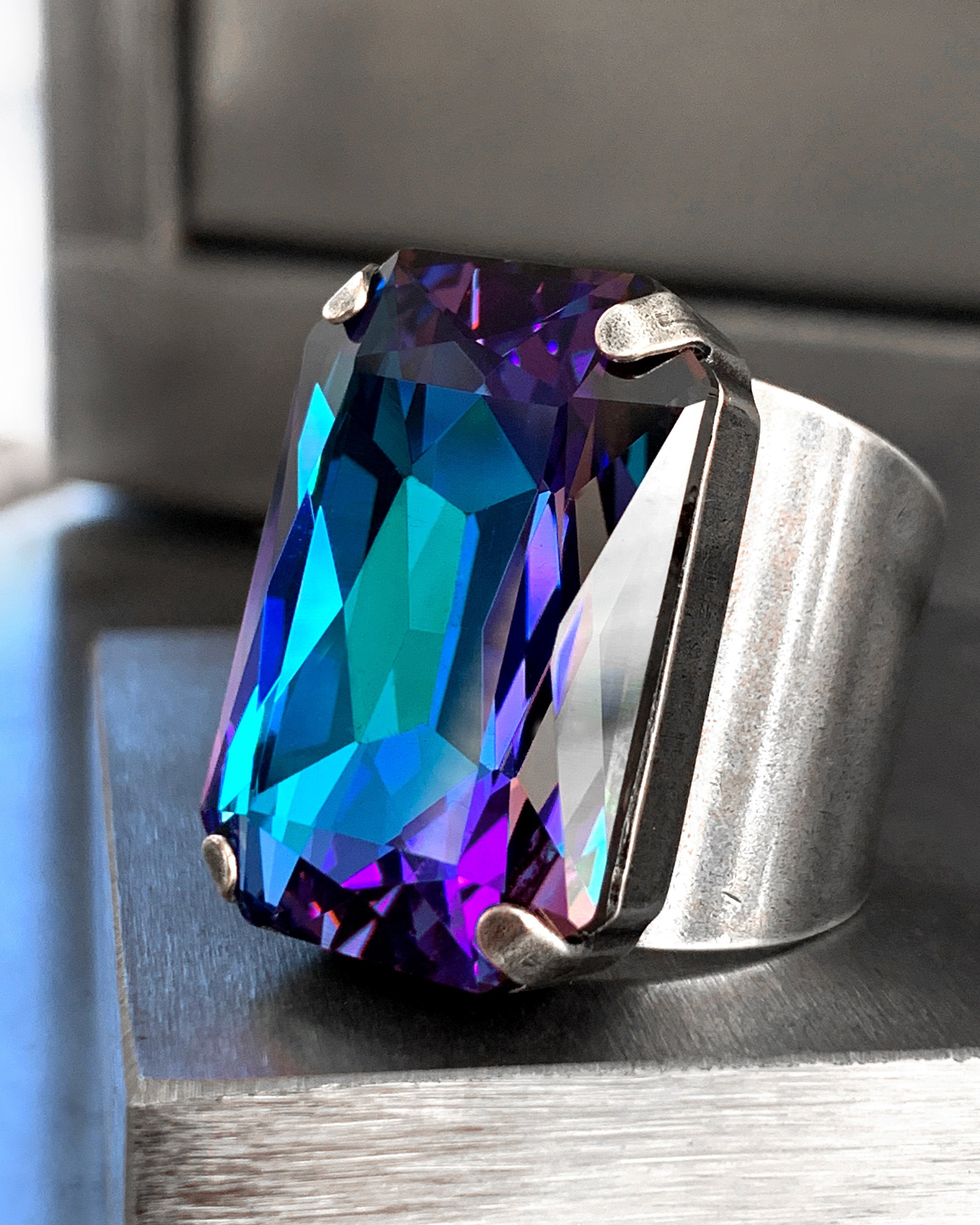 ILLUSION - Large Swarovski Crystal Crystal Ring in Heliotrope - Aqua, Blue, Violet Purple Crystal Ring - Unisex - LIMITED EDITION