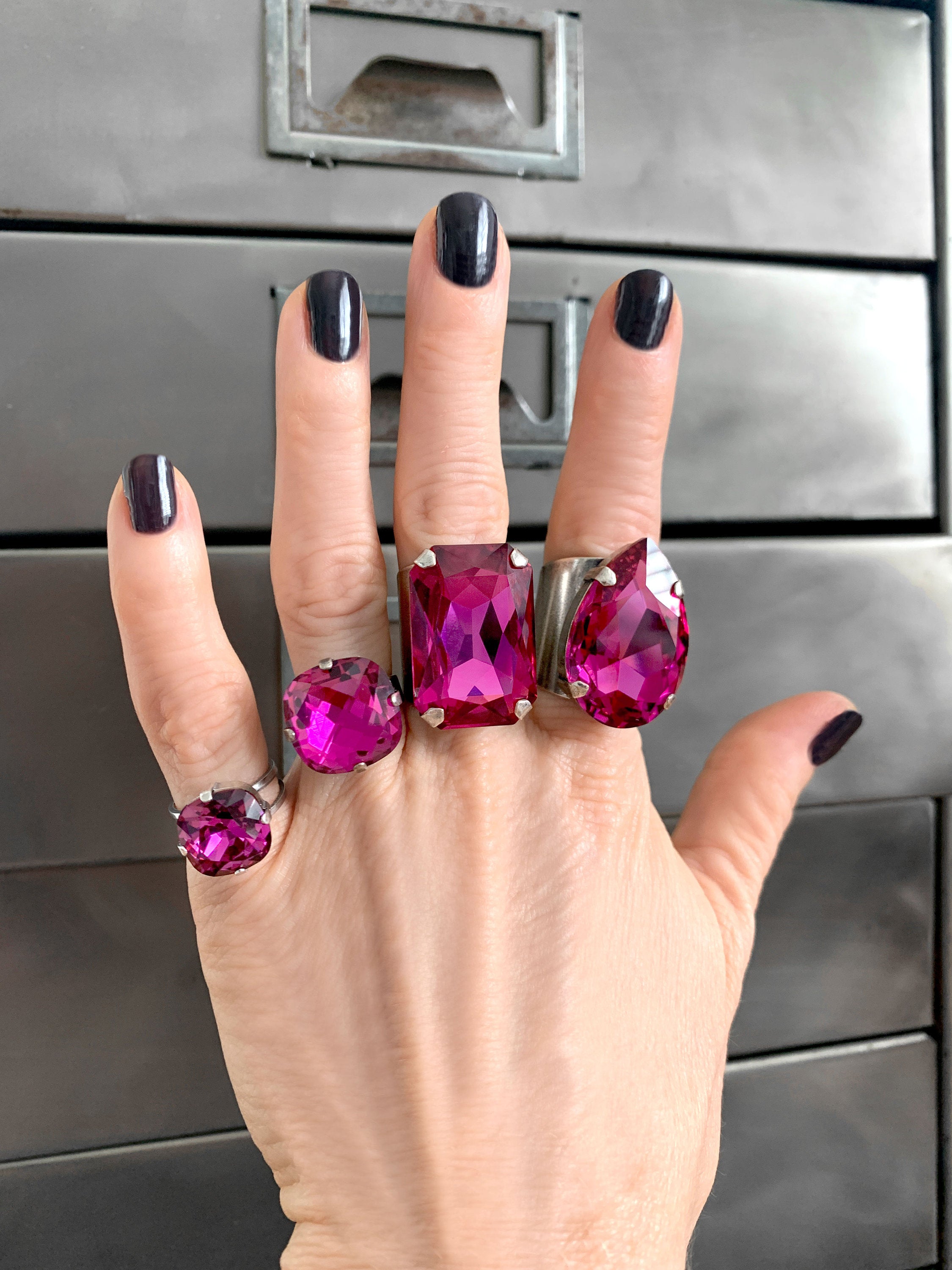 SWEET - Magenta Swarovski Crystal Ring, Fuchsia Cushion Cut Crystal, Antique Silver Adjustable Ring Band - Hot Pink Crystal Ring - Swar 4470