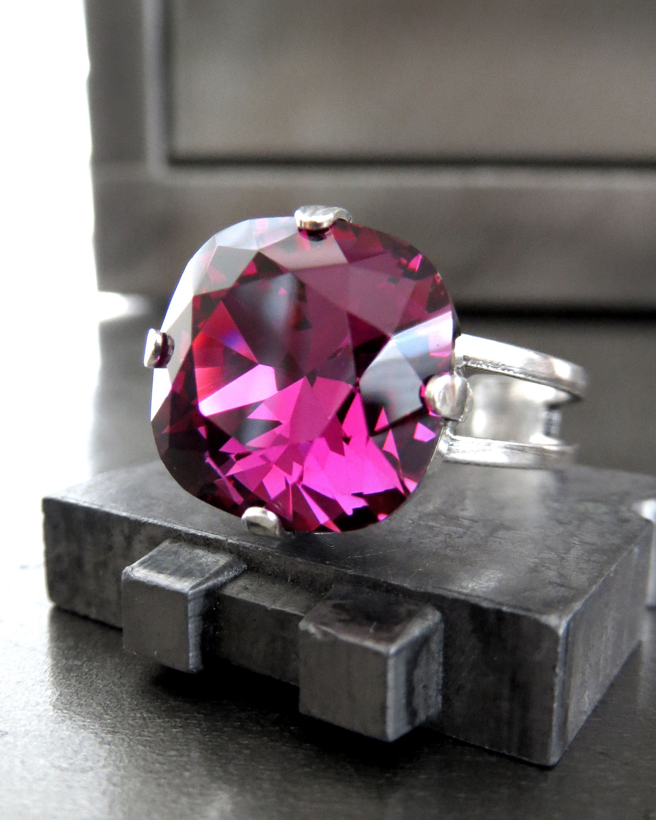 SWEET - Magenta Swarovski Crystal Ring, Fuchsia Cushion Cut Crystal, Antique Silver Adjustable Ring Band - Hot Pink Crystal Ring - Swar 4470