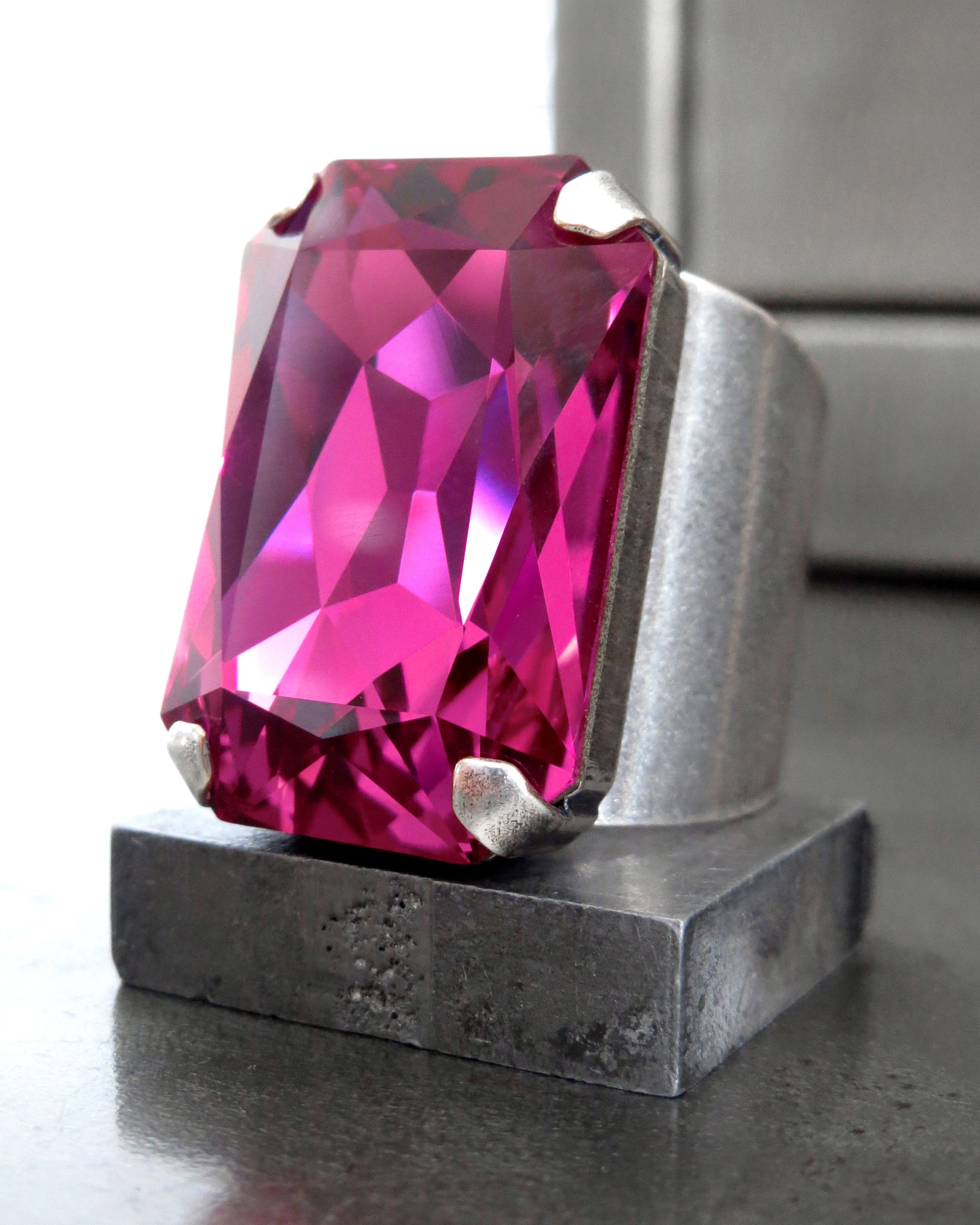 FLAMBOYANT - Large Magenta Swarovski Crystal Ring, Fuchsia Rectangle Crystal Ring, Adjustable Band - Hot Pink Crystal Ring - Swarovski 4627