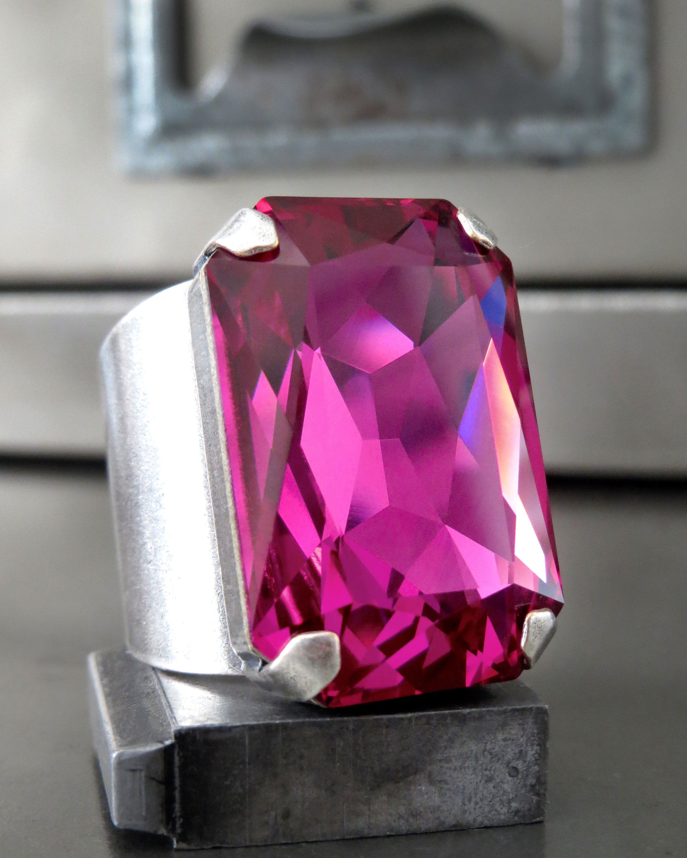 FLAMBOYANT - Large Magenta Swarovski Crystal Ring, Fuchsia Rectangle Crystal Ring, Adjustable Band - Hot Pink Crystal Ring - Swarovski 4627