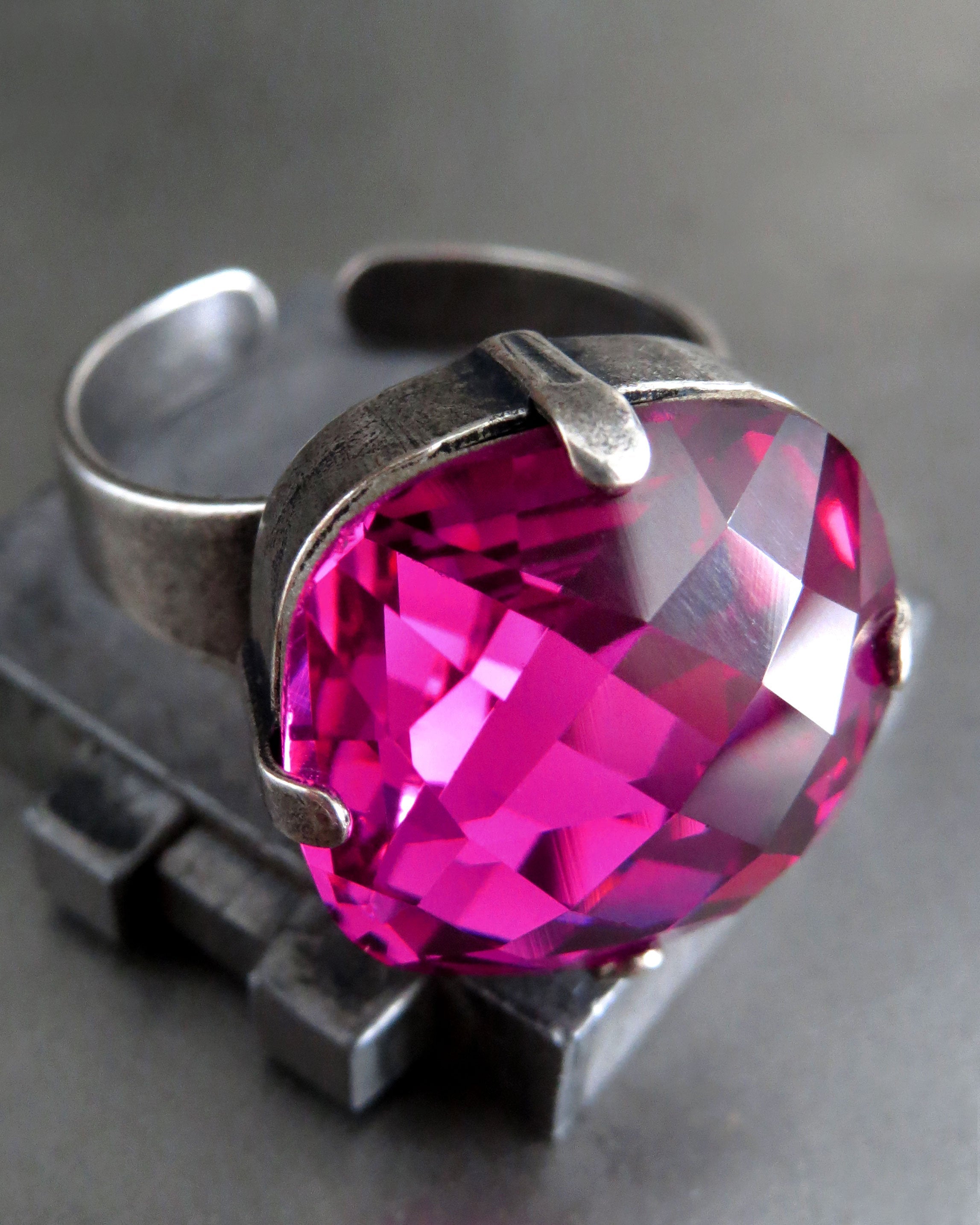 JUICY - Magenta Swarovski Crystal Ring, Fuchsia Cushion Cut Crystal, Antique Silver Adjustable Ring Band - Hot Pink Crystal Ring - Swar 4461