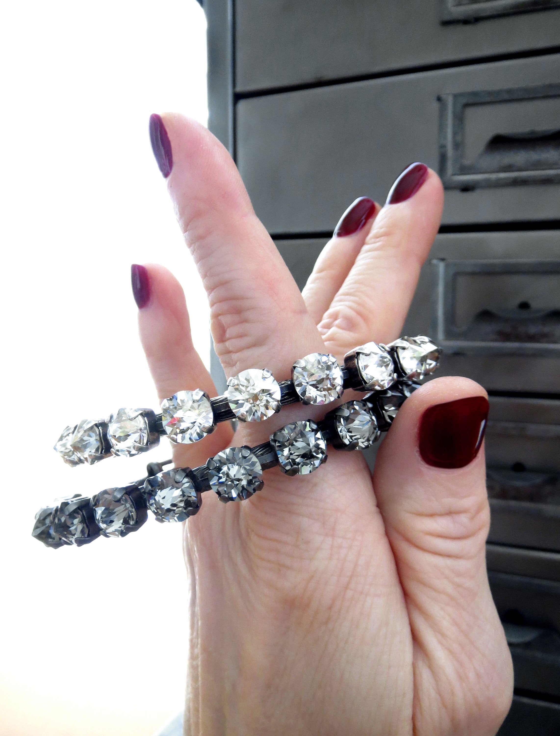 BOMBSHELL - Crystal Bangle Bracelet - Swarovski Crystal in Black Diamond or Warm Silver Shade - Adjustable Bangle - Modern Crystal Jewelry