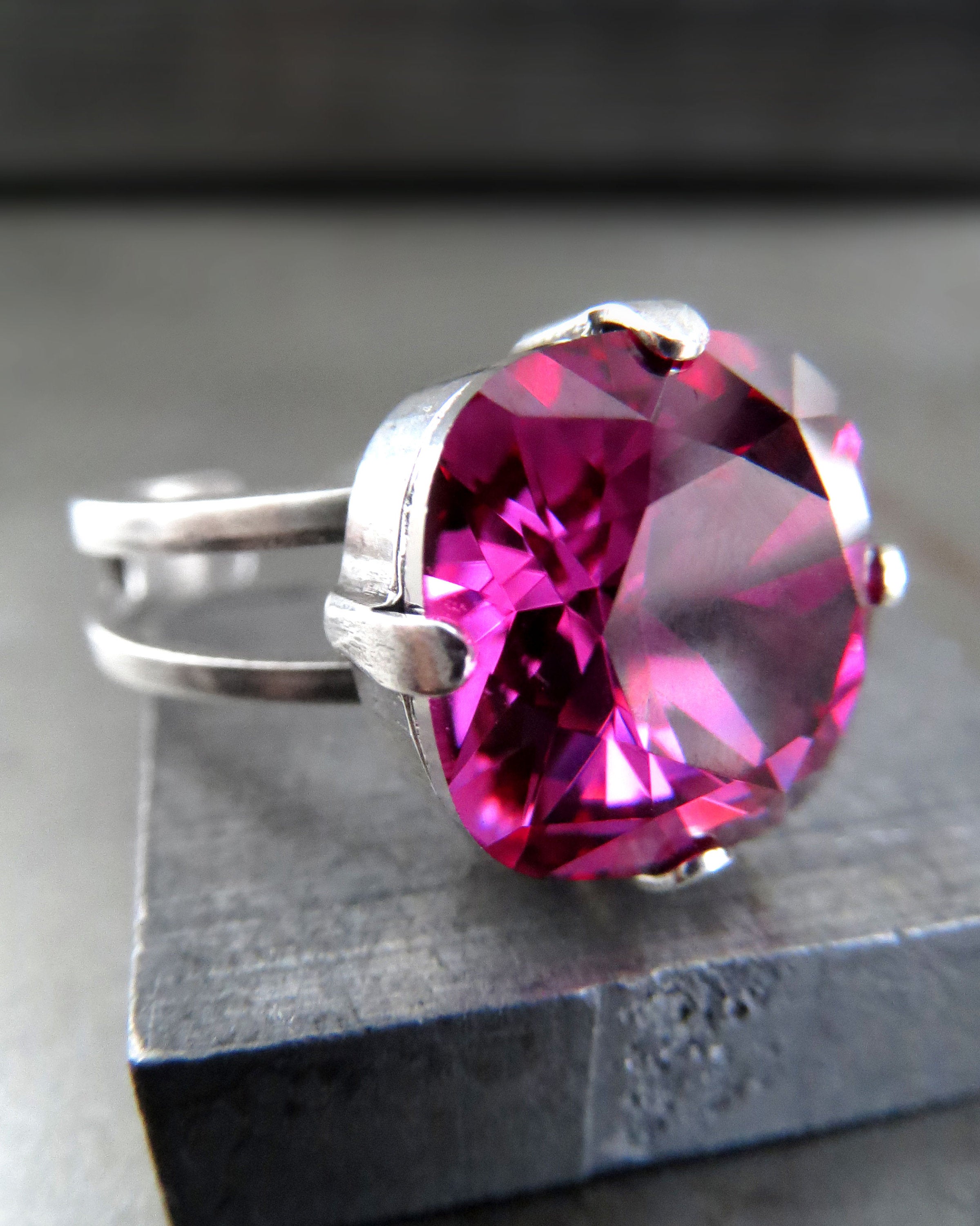 SWEET - Magenta Swarovski Crystal Ring, Fuchsia Cushion Cut Crystal, Antique Silver Adjustable Ring Band - Hot Pink Crystal Ring - Swar 4470