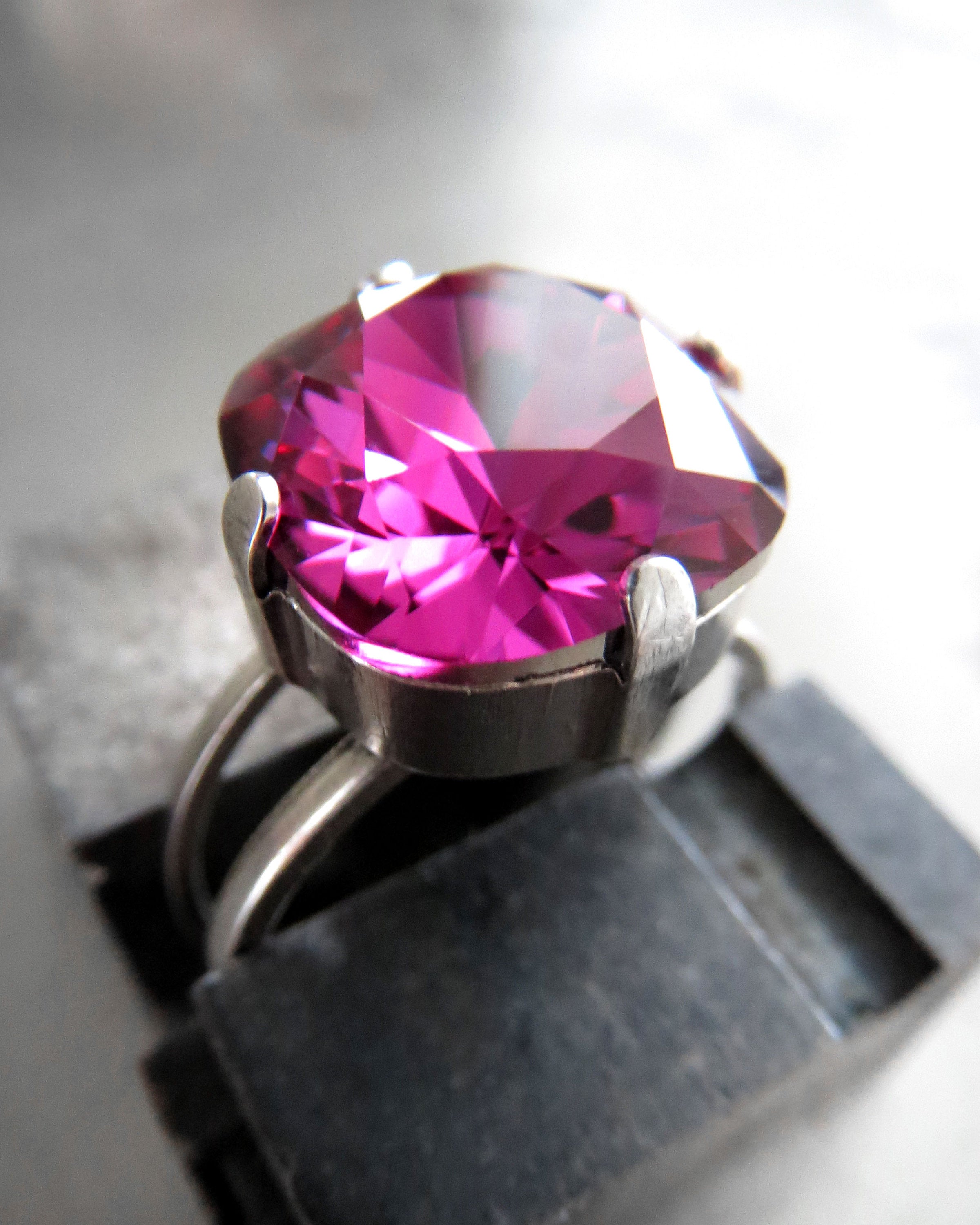 SWEET - Magenta Swarovski Crystal Ring, Fuchsia Cushion Cut Crystal, Antique Silver Adjustable Ring Band - Hot Pink Crystal Ring - Swar 4470