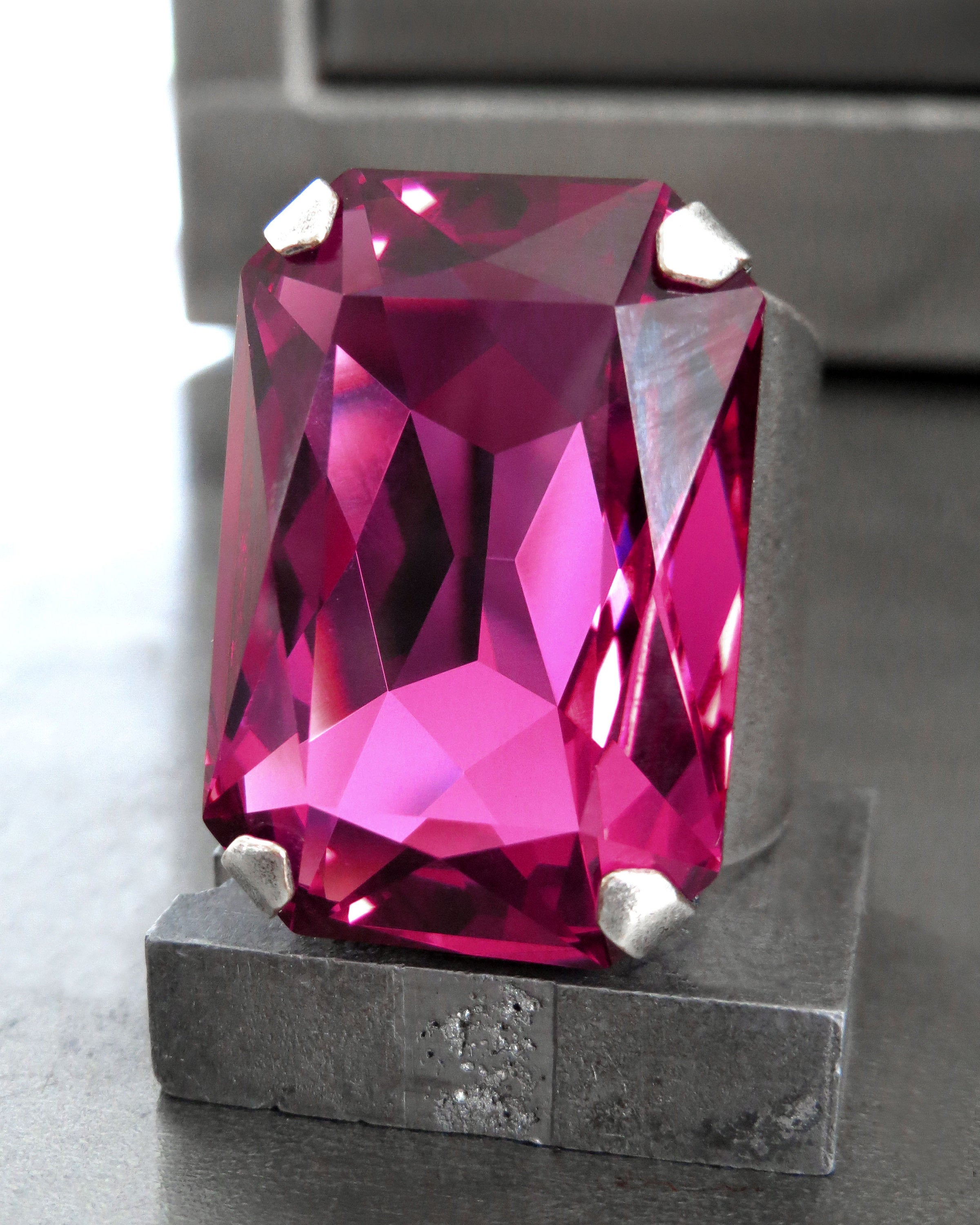 FLAMBOYANT - Large Magenta Swarovski Crystal Ring, Fuchsia Rectangle Crystal Ring, Adjustable Band - Hot Pink Crystal Ring - Swarovski 4627