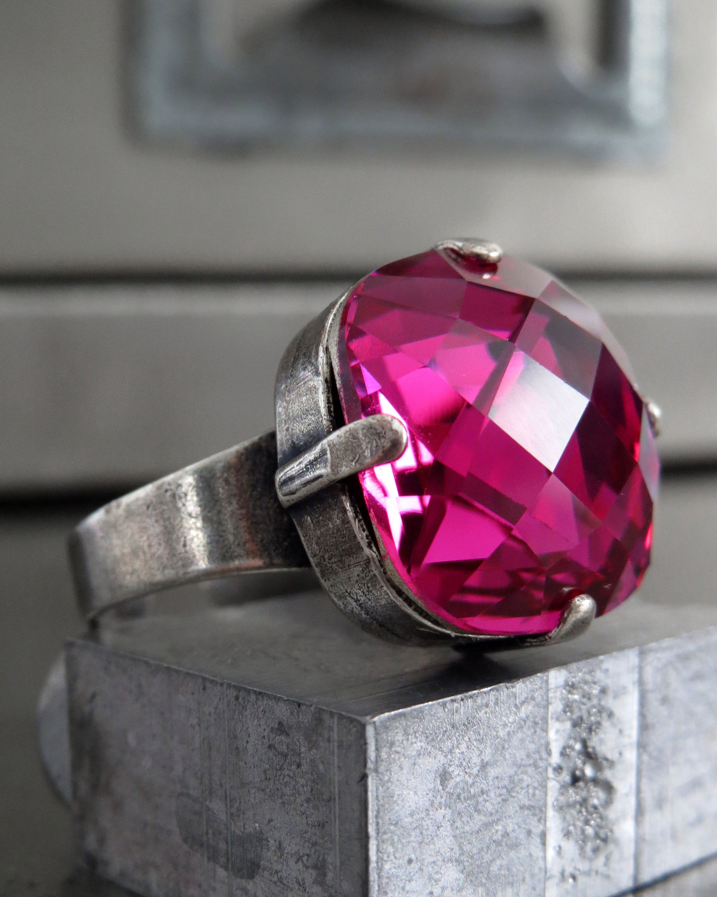 JUICY - Magenta Swarovski Crystal Ring, Fuchsia Cushion Cut Crystal, Antique Silver Adjustable Ring Band - Hot Pink Crystal Ring - Swar 4461