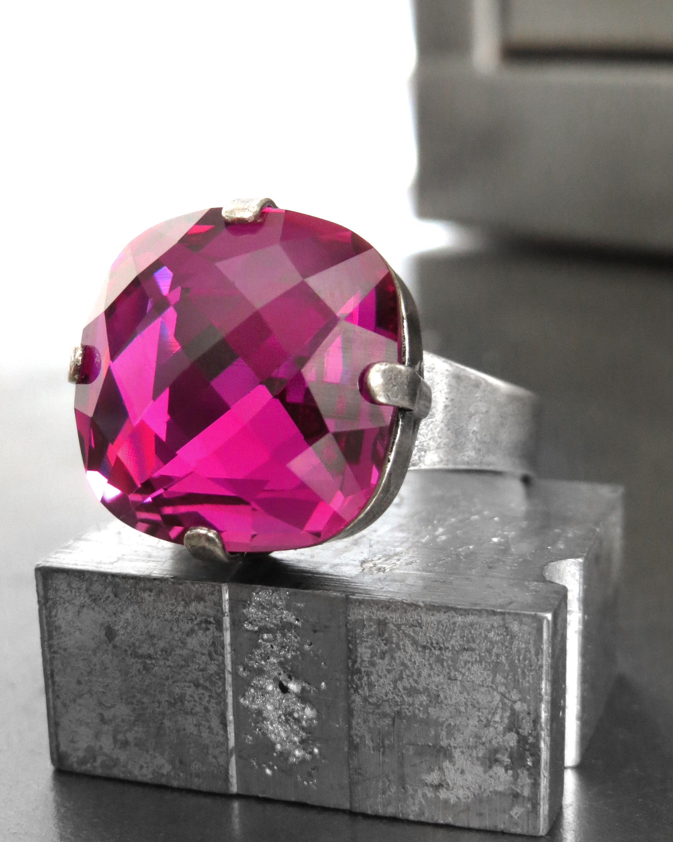 JUICY - Magenta Swarovski Crystal Ring, Fuchsia Cushion Cut Crystal, Antique Silver Adjustable Ring Band - Hot Pink Crystal Ring - Swar 4461