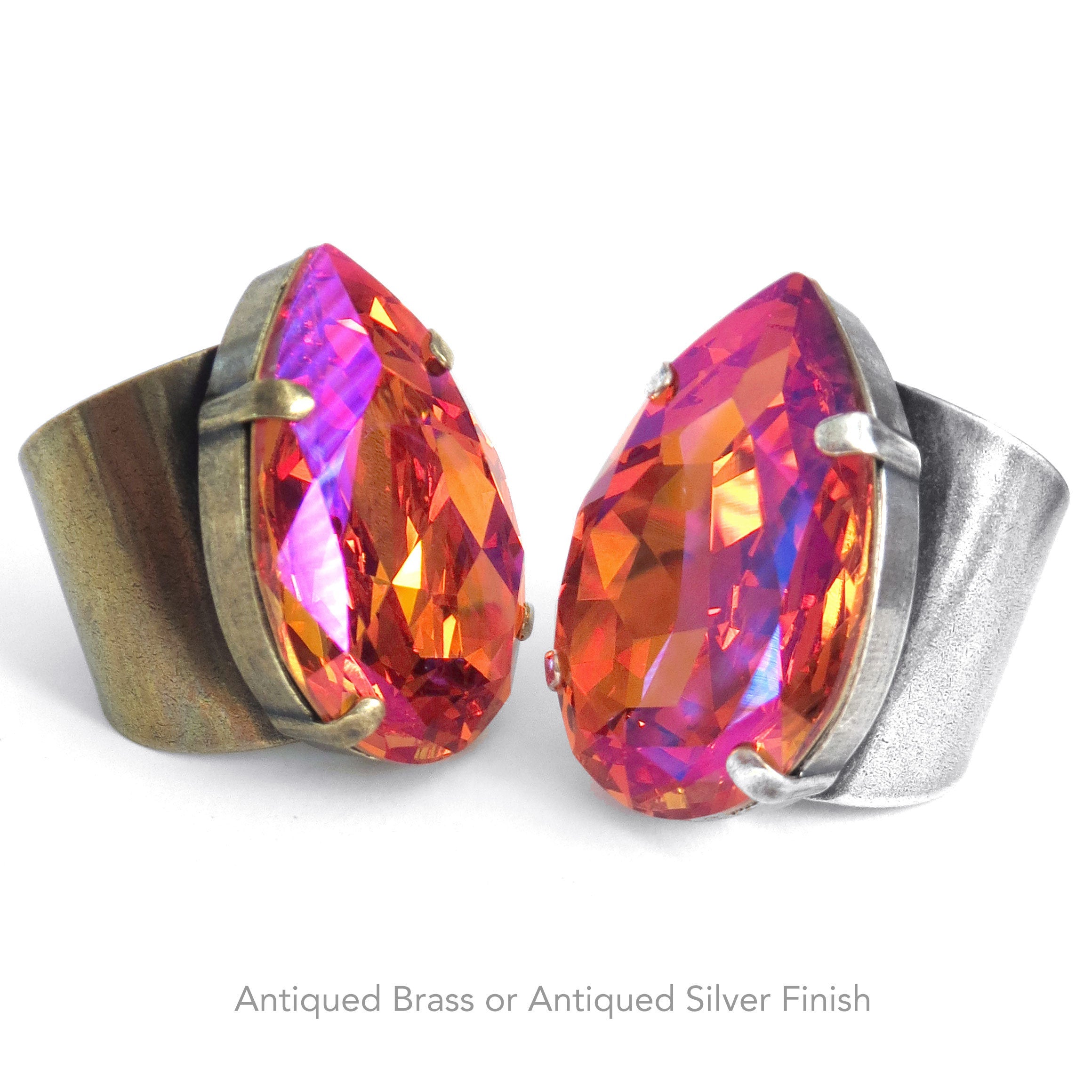 SULTRY SUNSET - Brilliant Orange & Hot Pink Crystal Ring with Teardrop Swarovski Crystal - Brilliant Bright Crystal Ring - Limited Edition