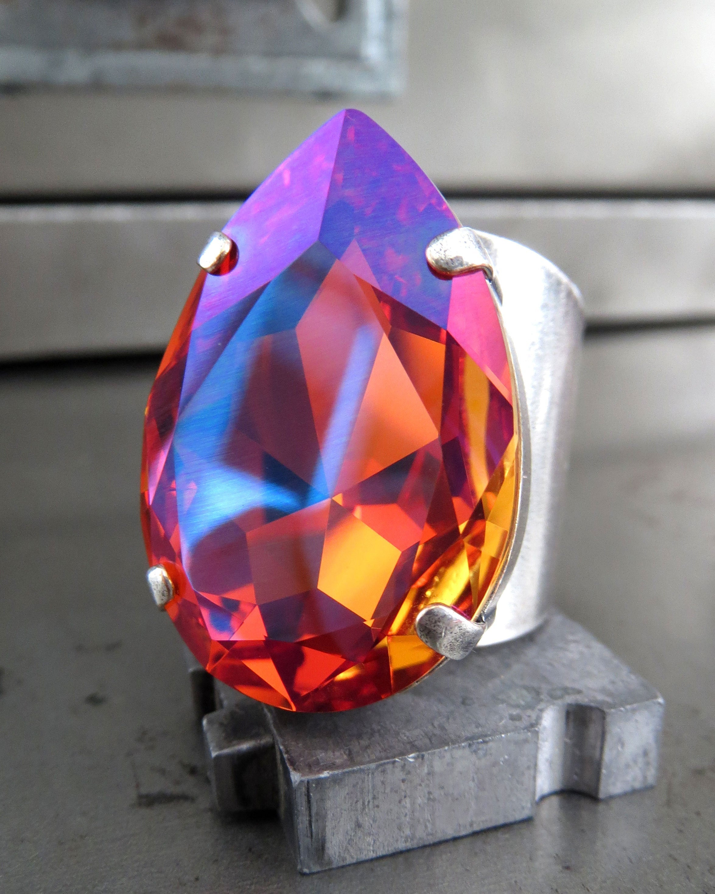 SULTRY SUNSET - Brilliant Orange & Hot Pink Crystal Ring with Teardrop Swarovski Crystal - Brilliant Bright Crystal Ring - Limited Edition