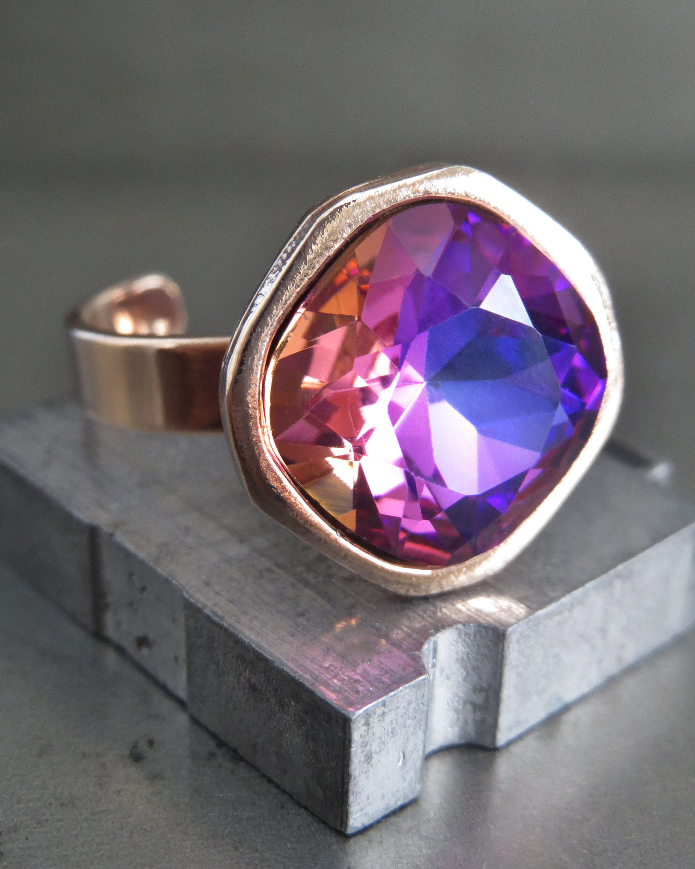 SWEET II - Romantic Crystal Ring in Pink Magenta Violet Purple Peach - Intense Pastel Crystal Ring with Rose Gold Band - Adjustable Band