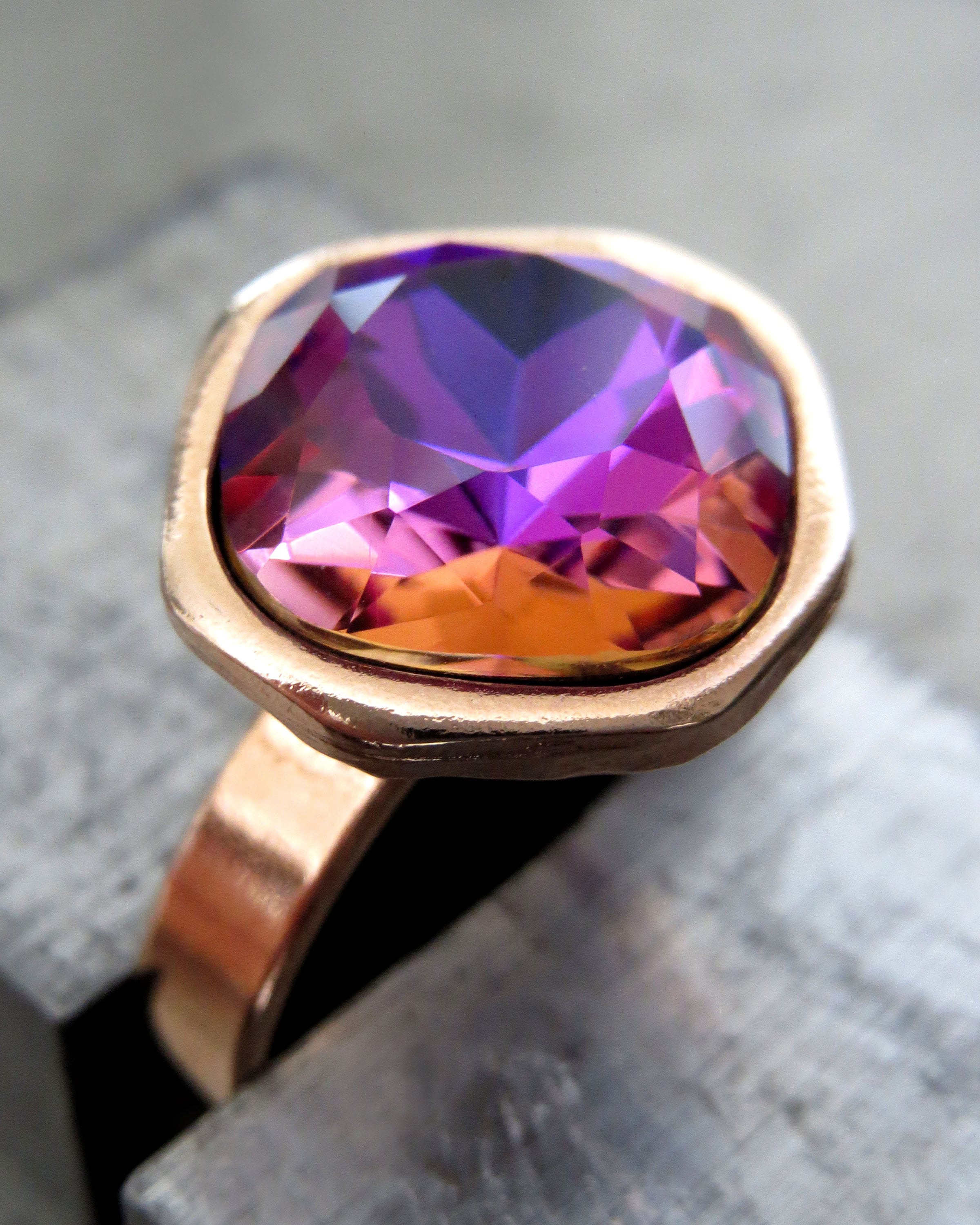 SWEET II - Romantic Crystal Ring in Pink Magenta Violet Purple Peach - Intense Pastel Crystal Ring with Rose Gold Band - Adjustable Band