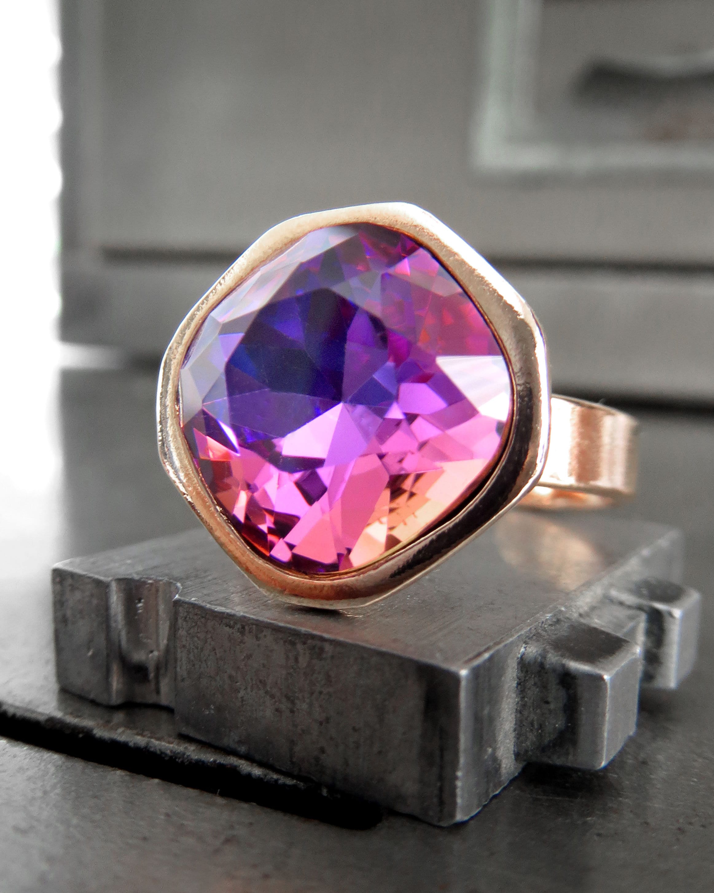 SWEET II - Romantic Crystal Ring in Pink Magenta Violet Purple Peach - Intense Pastel Crystal Ring with Rose Gold Band - Adjustable Band