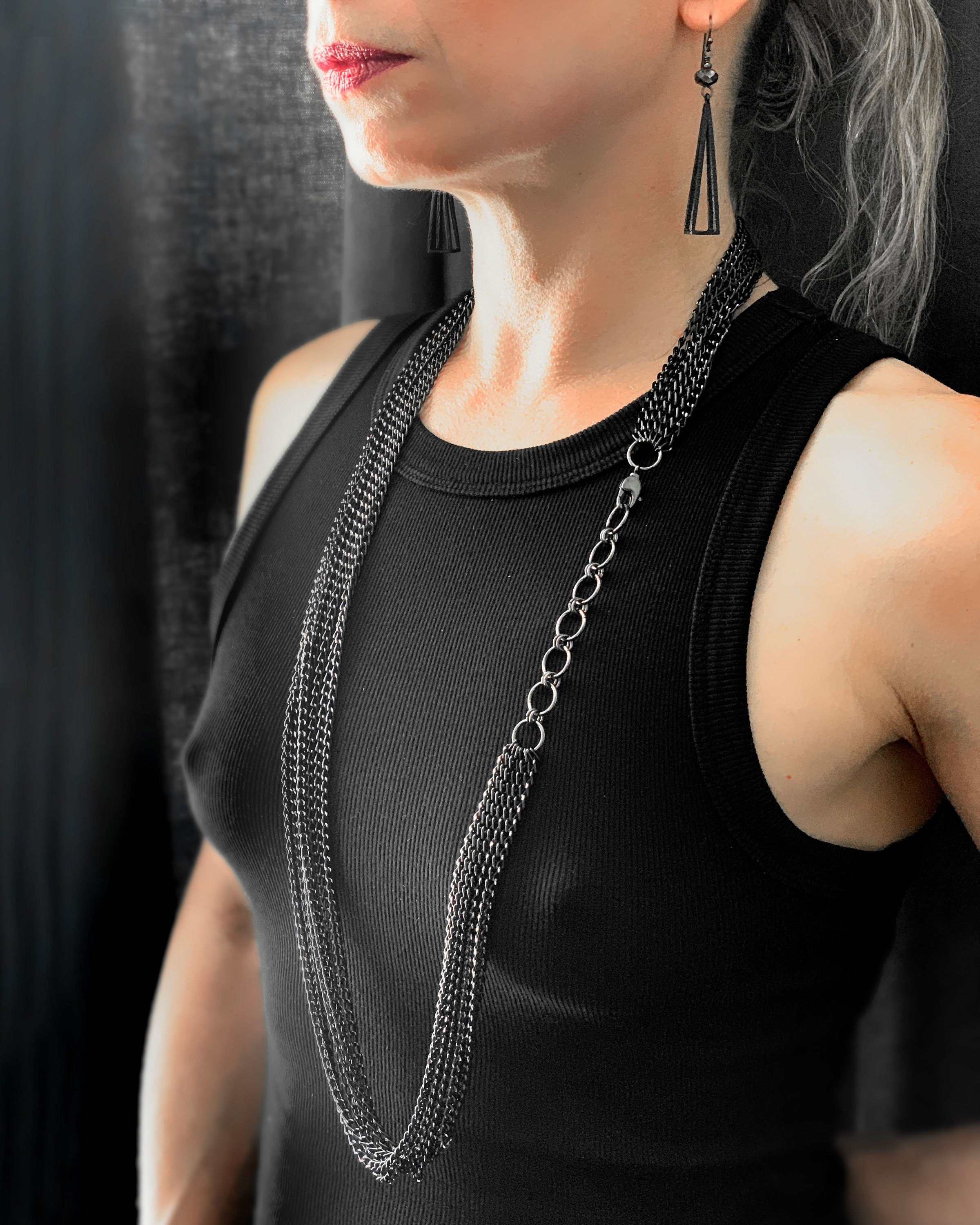 Long 7-Strand Black and Silver Chain Necklace w Geometric Circles - Convertible Design: Wear Long, Doubled, Tied or as Wrap Chain Bracelet