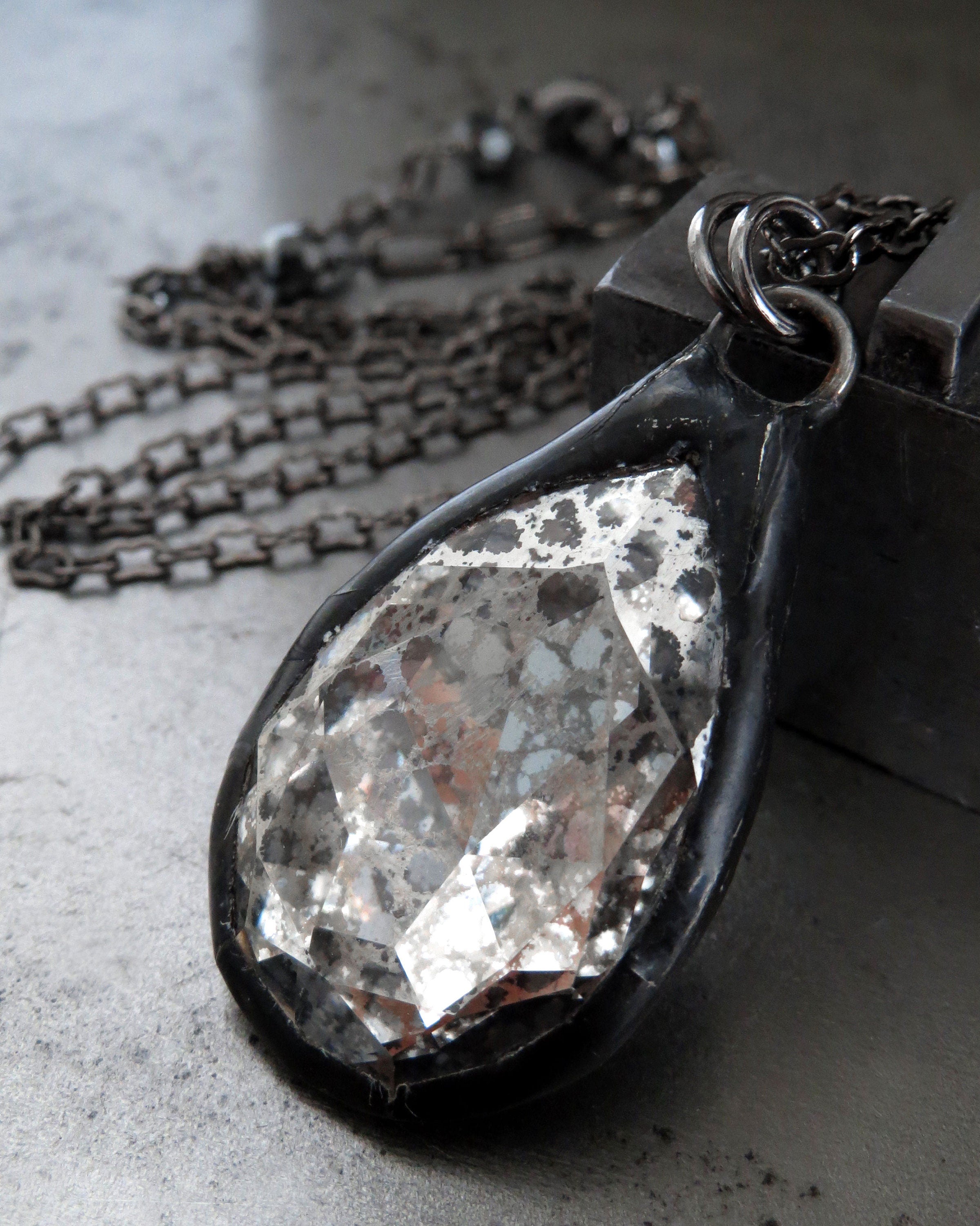 MERCURY - Silver Patina Crystal Teardrop Pendant Necklace, Black Gunmetal Chain, Gothic Silver Crystal Necklace, Gothic Halloween Jewerly