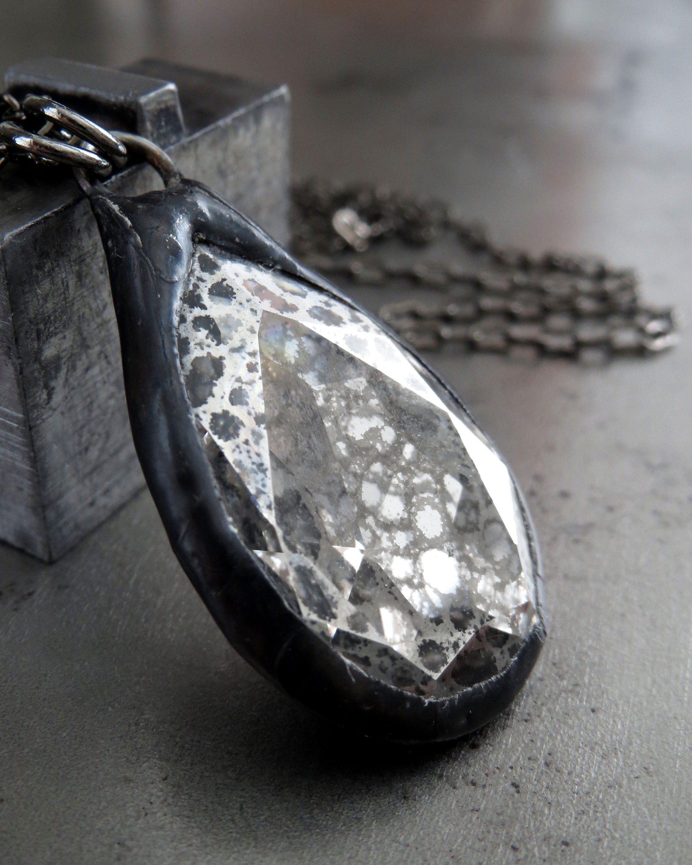 MERCURY - Silver Patina Crystal Teardrop Pendant Necklace, Black Gunmetal Chain, Gothic Silver Crystal Necklace, Gothic Halloween Jewerly
