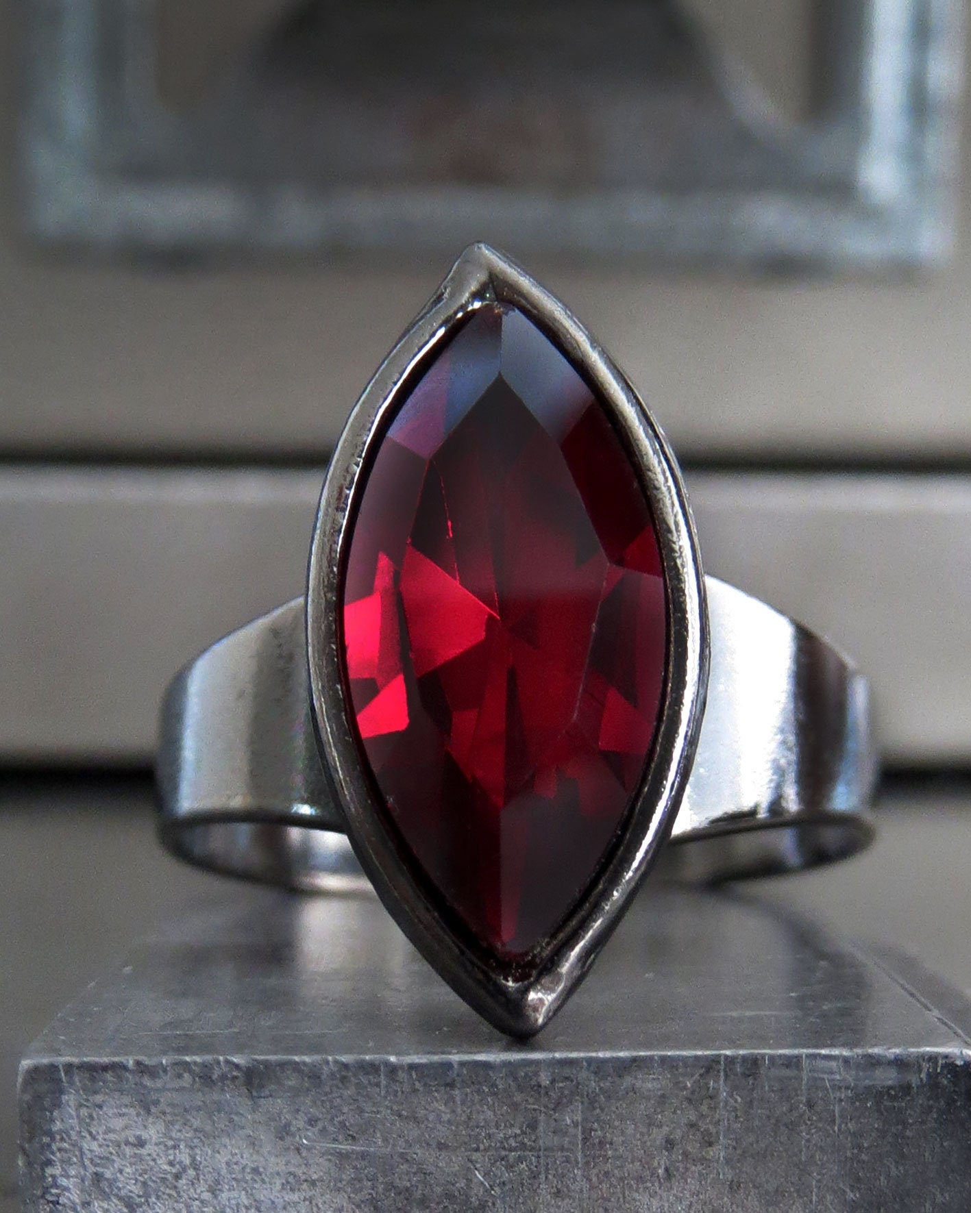 DROP of BLOOD - Gothic Deep Red Crystal Ring, Dark Red Navette Crystal Ring, Marquise Cut Siam Red Crystal Ring, Red Gothic Halloween Ring