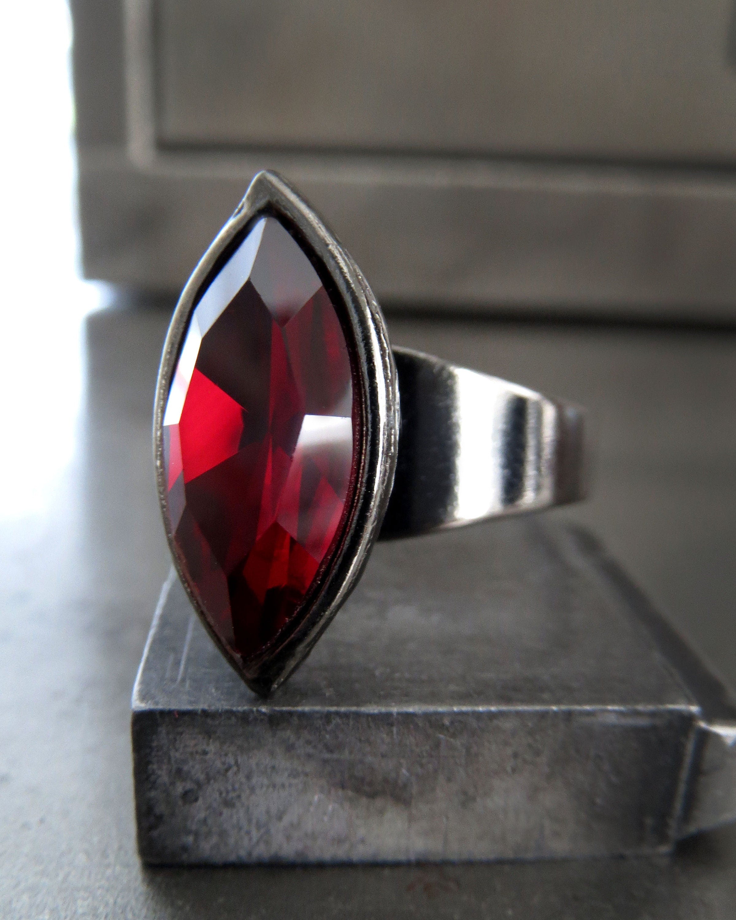 DROP of BLOOD - Gothic Deep Red Crystal Ring, Dark Red Navette Crystal Ring, Marquise Cut Siam Red Crystal Ring, Red Gothic Halloween Ring