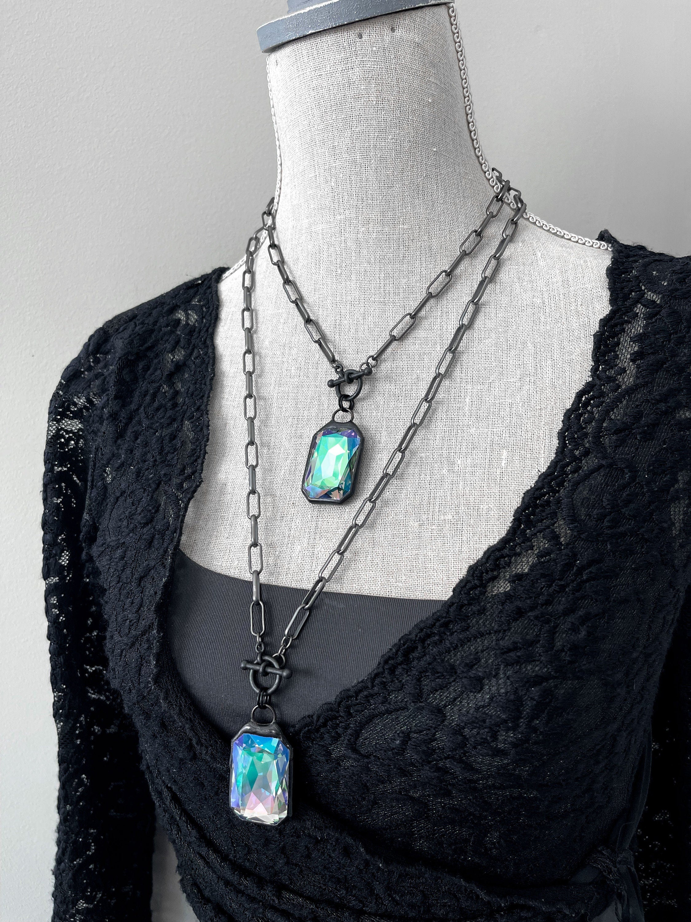 WIZARD - Shimmer Crystal Pendant Necklace - Green, Purple, Lilac, Pink Iridescent - Witchy Woman Cosplay, Halloween Wedding Jewelry