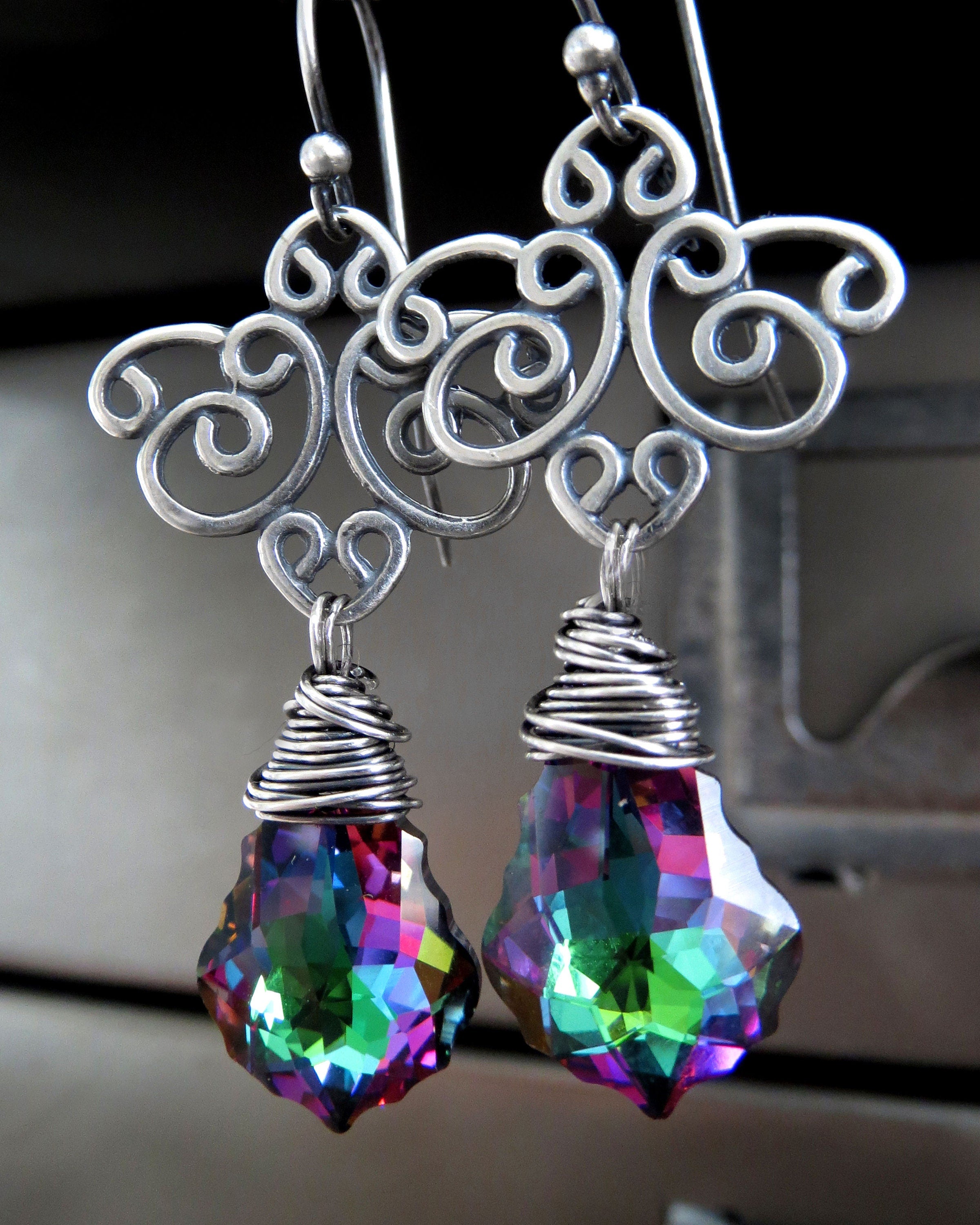 Good WITCH, Bad WITCH: Wicked Swarovski Crystal Earrings in Deep Green, Violet, Magenta, Blue - Wicked Witch Goth Gothic Halloween Jewelry
