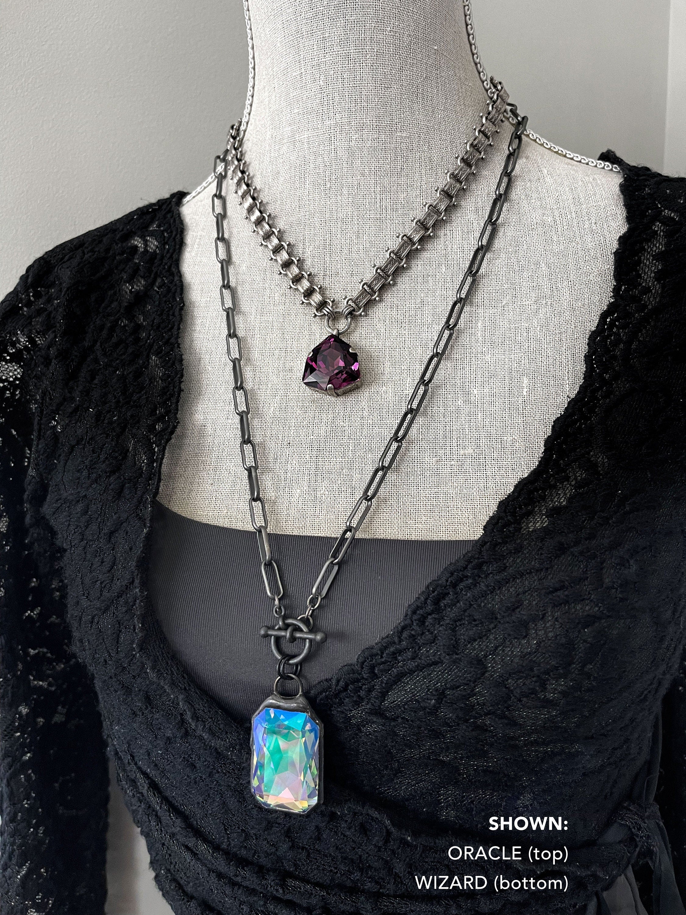 ORACLE - Purple Crystal Pendant Necklace, Rare Trilliant 'Amethyst' Crystal - Vintage Style Medieval Chain, Purple Halloween Wedding Jewelry