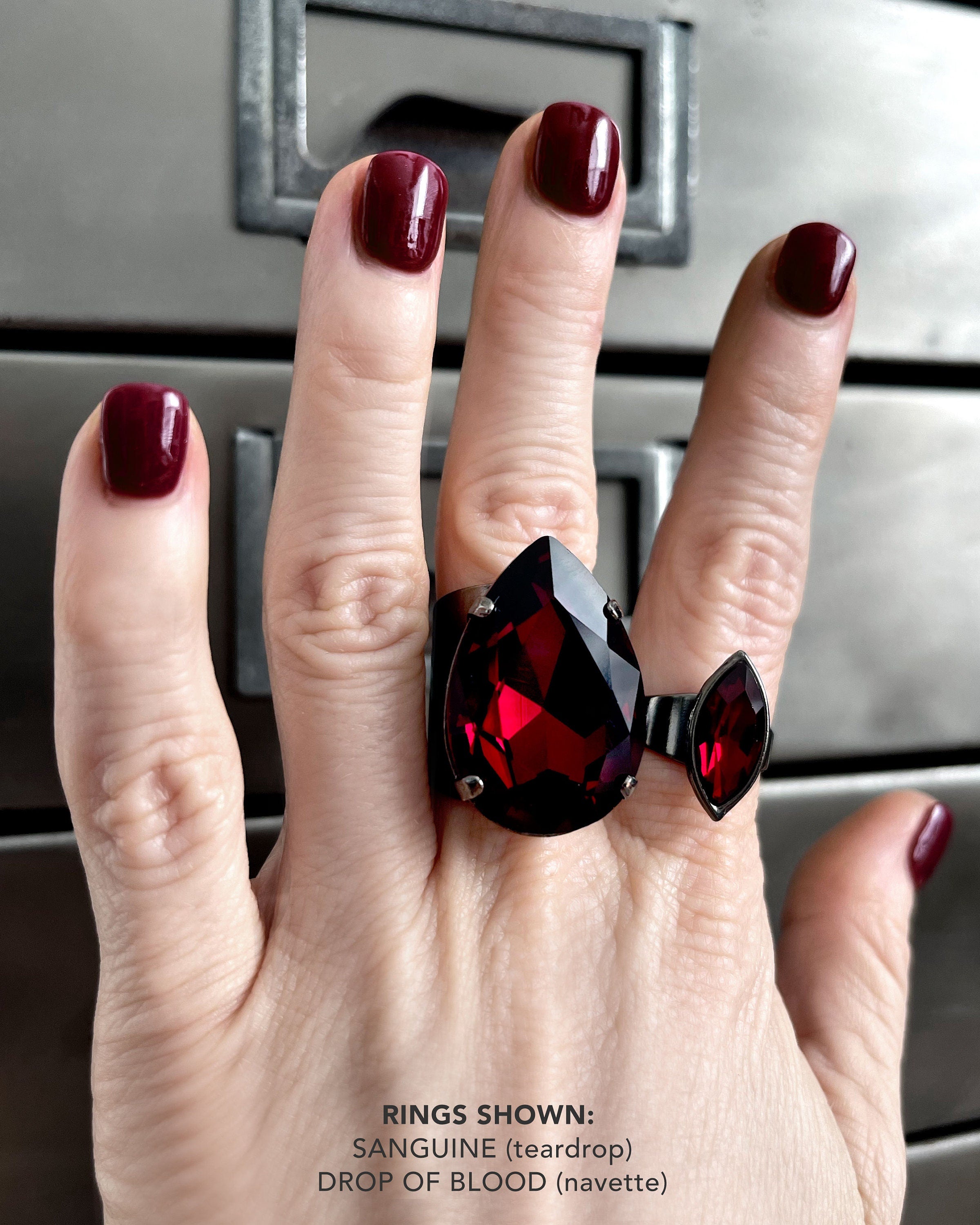 BLOOD RED  - Red Crystal Ring, Unisex Gothic Teardrop Green Crystal Ring w Silver or Black Adjustable Band, Goth Halloween Jewelry