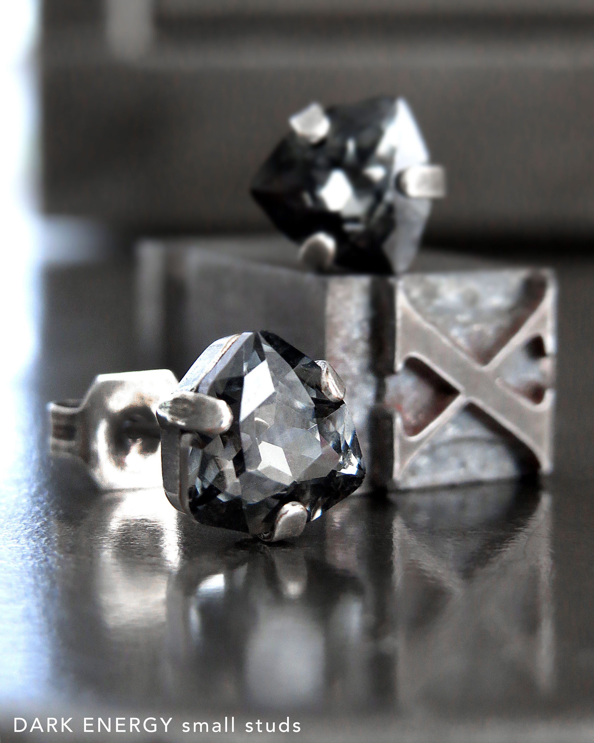 DARK ENERGY - Large Black Trilliant Crystal Stud Earrings, Dark Carbon Grey Triangle Crystal Post Studs, 2 Size Options: Large Small Studs