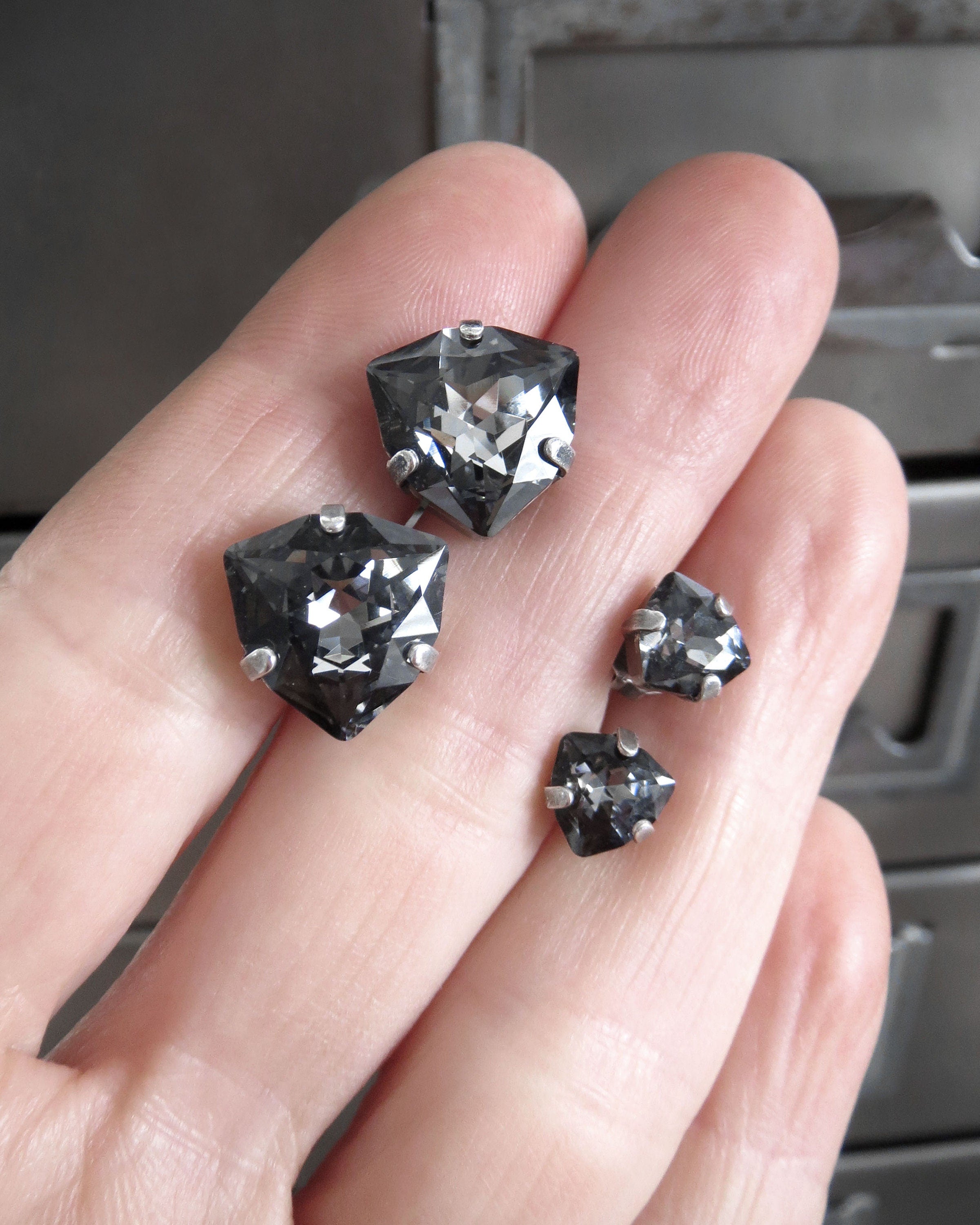 DARK ENERGY - Large Black Trilliant Crystal Stud Earrings, Dark Carbon Grey Triangle Crystal Post Studs, 2 Size Options: Large Small Studs