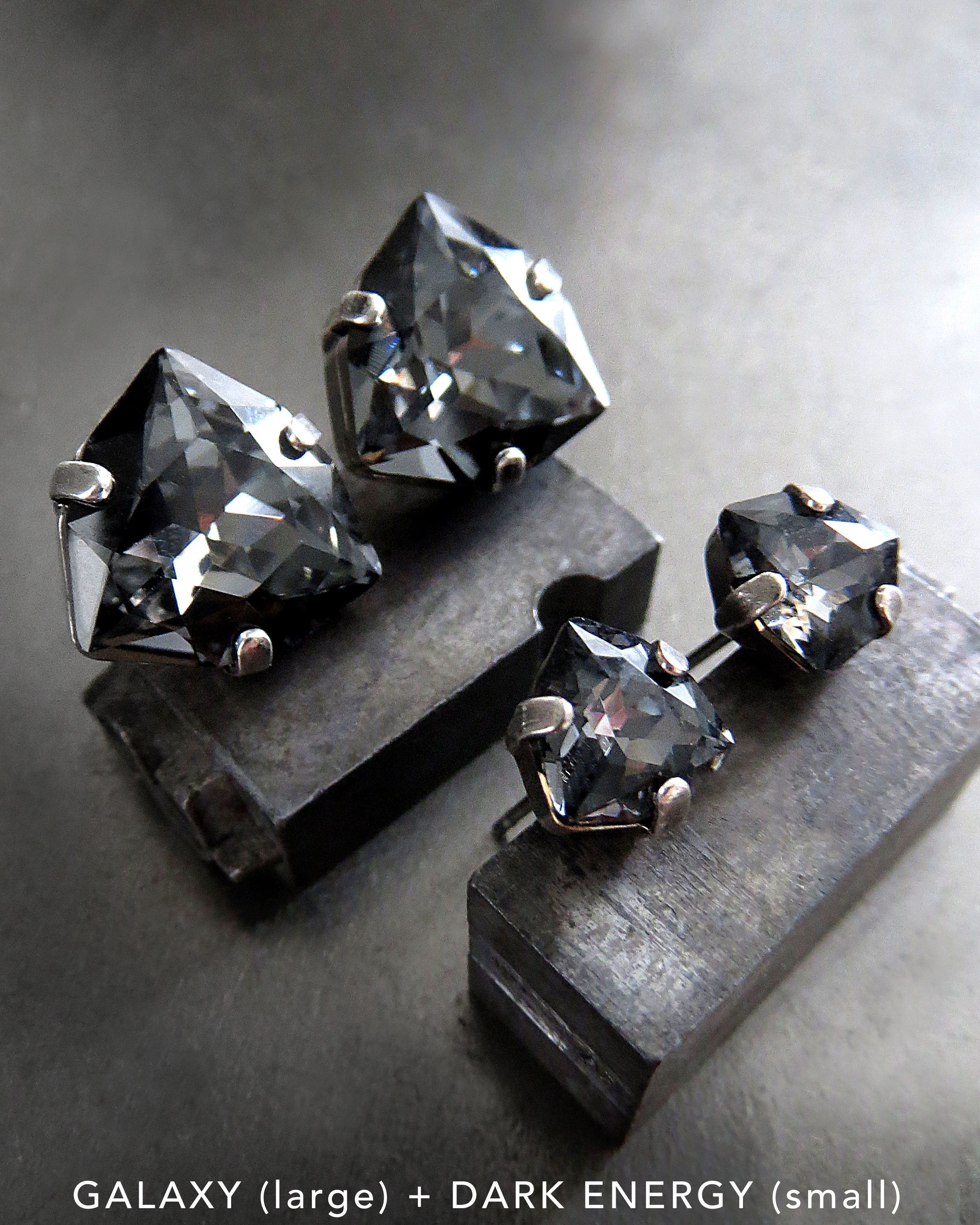 DARK ENERGY - Large Black Trilliant Crystal Stud Earrings, Dark Carbon Grey Triangle Crystal Post Studs, 2 Size Options: Large Small Studs