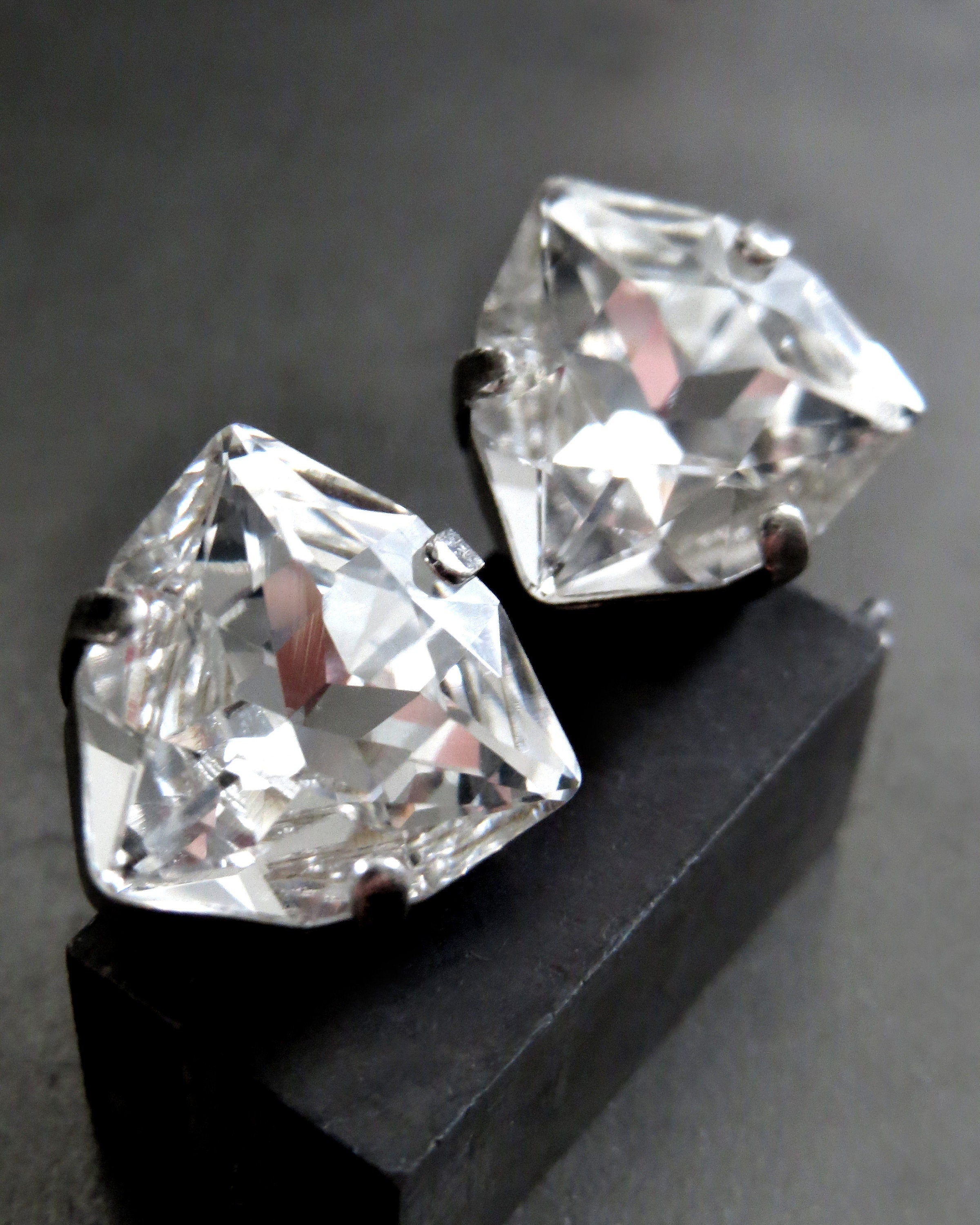 STAR DUST - Large Trilliant Clear Crystal Stud Earrings, Triangle Sparkly Clear Crystal Post Studs, 2 Size Options: Large and Small Studs