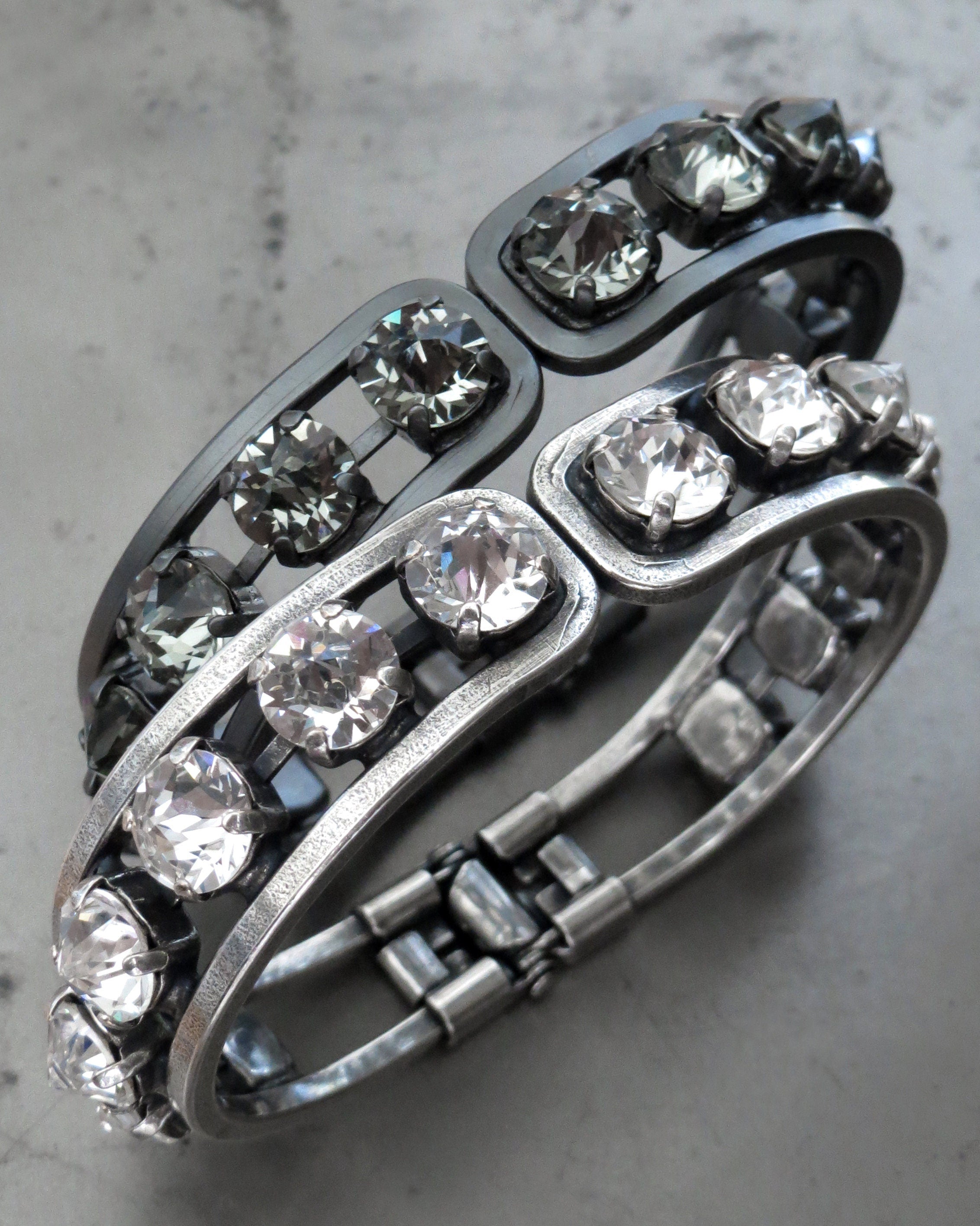 LEGENDARY Crystal Bracelet in Clear Crystal or Black Diamond - Rhinestone Crystal Bangle Bracelet, Open Hinge Closure Bracelet