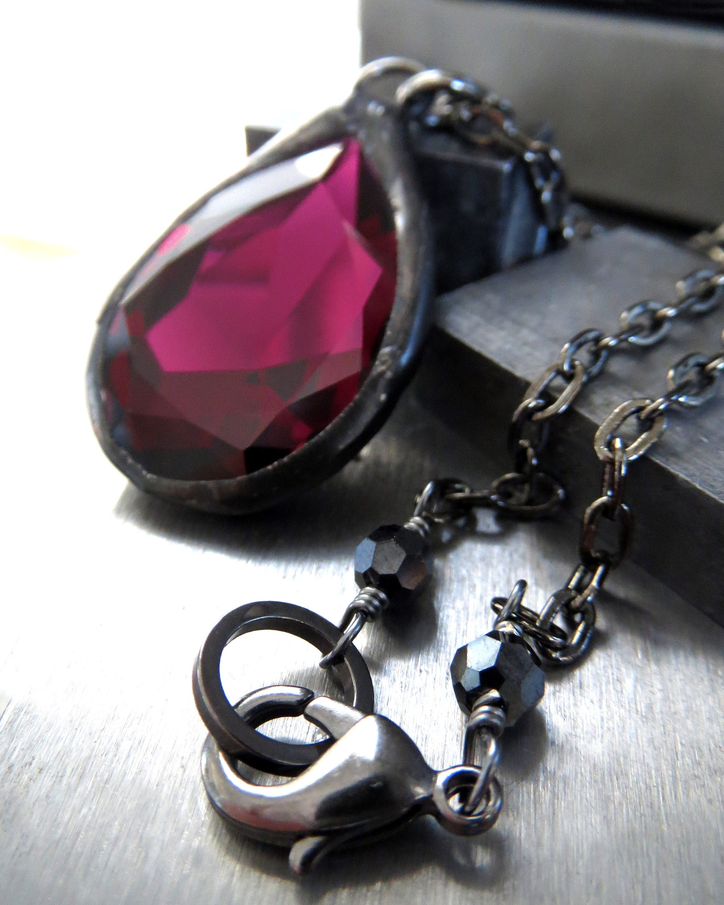 DEEP VELVET - Dark Fuchsia Crystal Teardrop Pendant Necklace, Magenta Crystal, Black Soldered Bezel Pendant - Gothic Goth Valentine Necklace