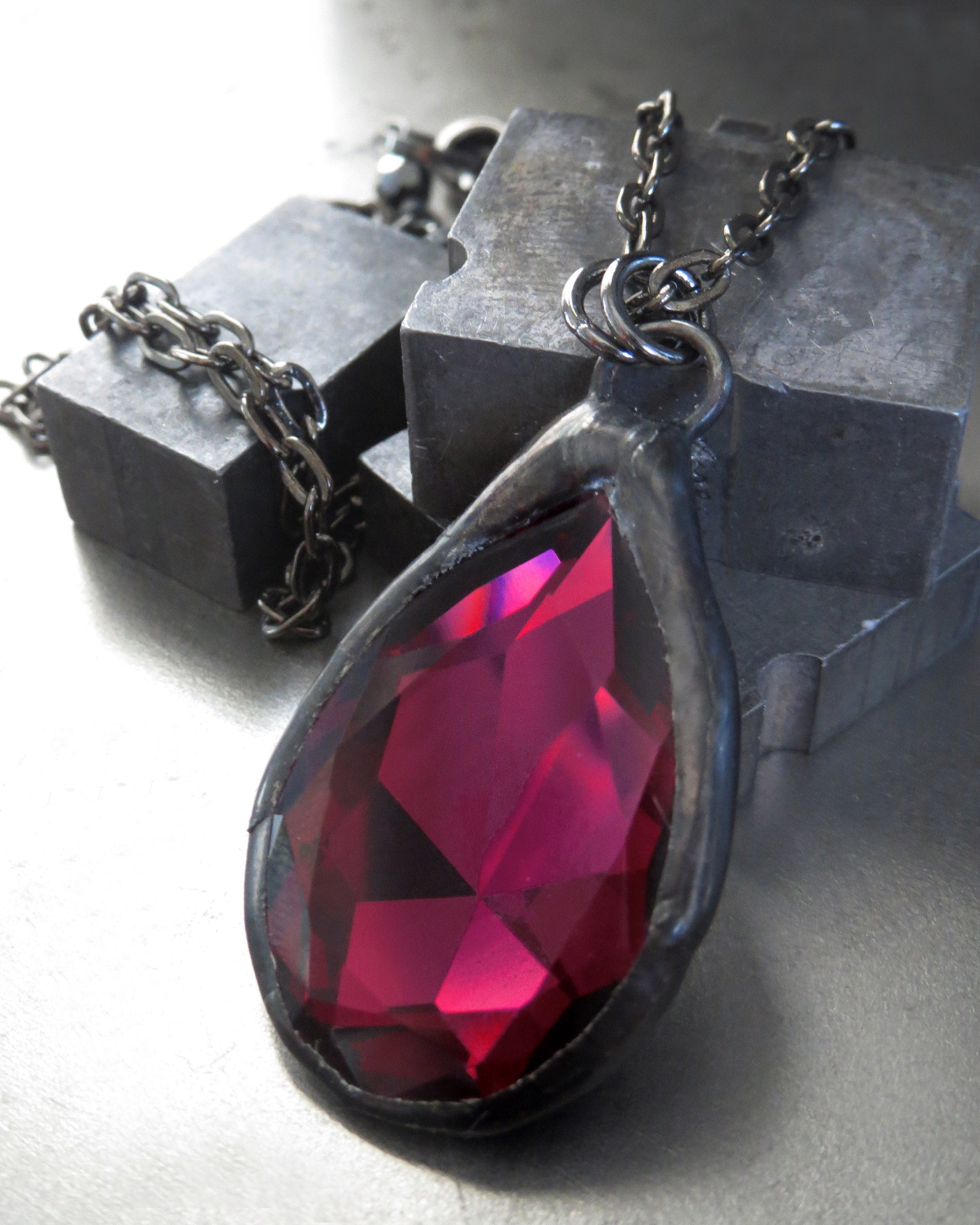 DEEP VELVET - Dark Fuchsia Crystal Teardrop Pendant Necklace, Magenta Crystal, Black Soldered Bezel Pendant - Gothic Goth Valentine Necklace