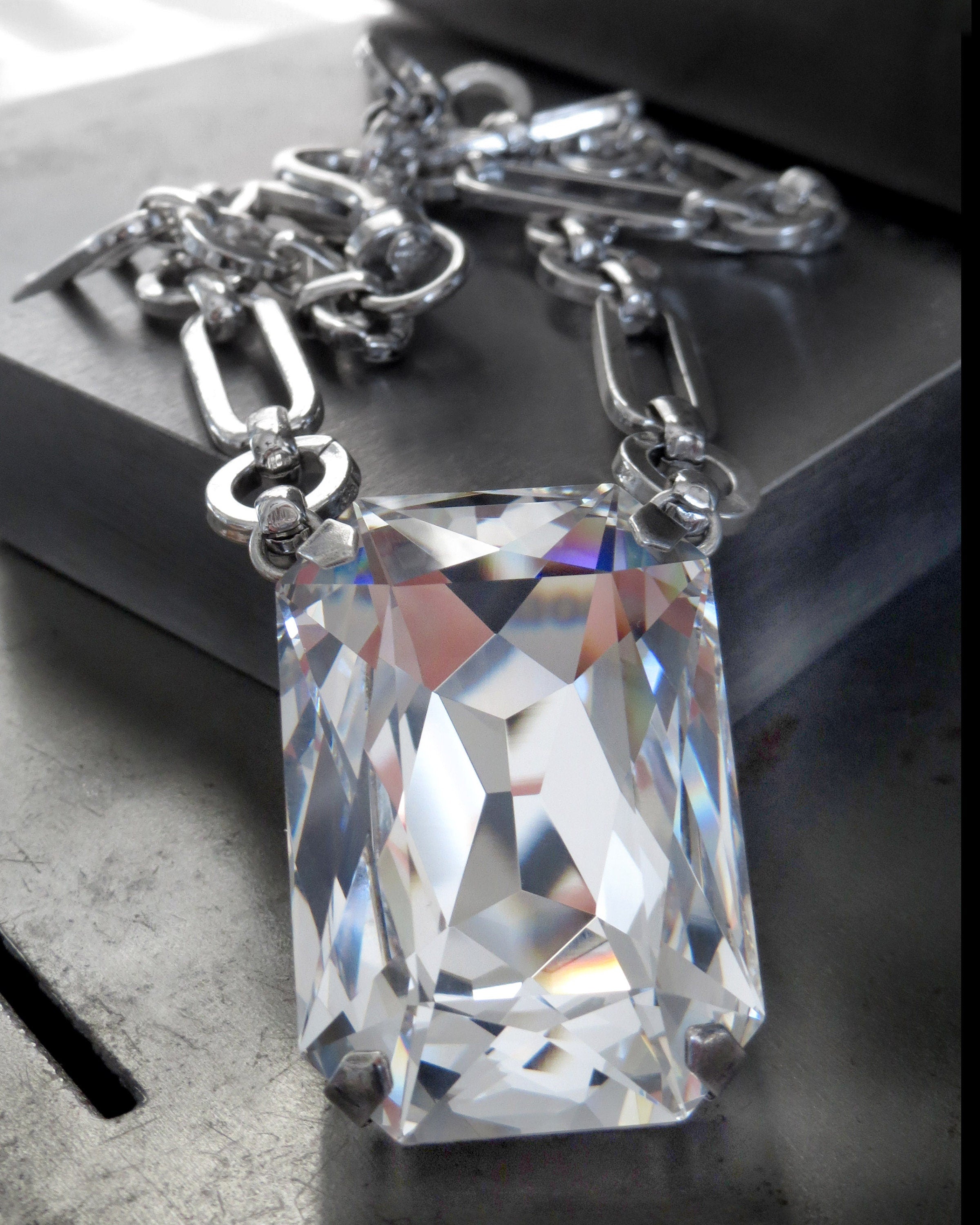 CLAIRVOYANT - Dazzling Clear Crystal Pendant Necklace with Brilliantly Sparkly Rectangle Crystal - Drag Queen Ring, Burlesque Showgirl Ring