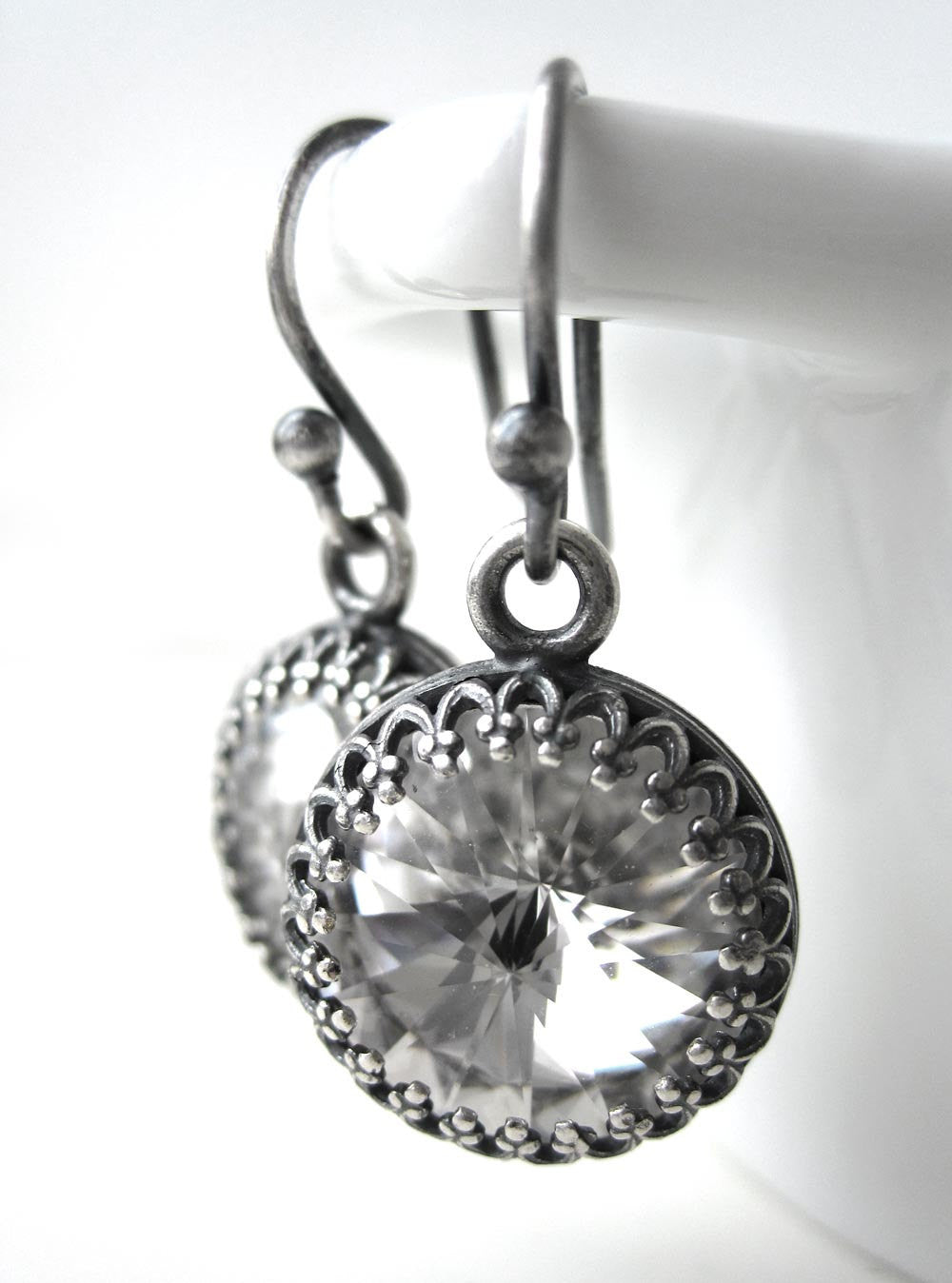 ROYAL - Clear Crystal Earrings with Antiqued Silver Crown Bezels