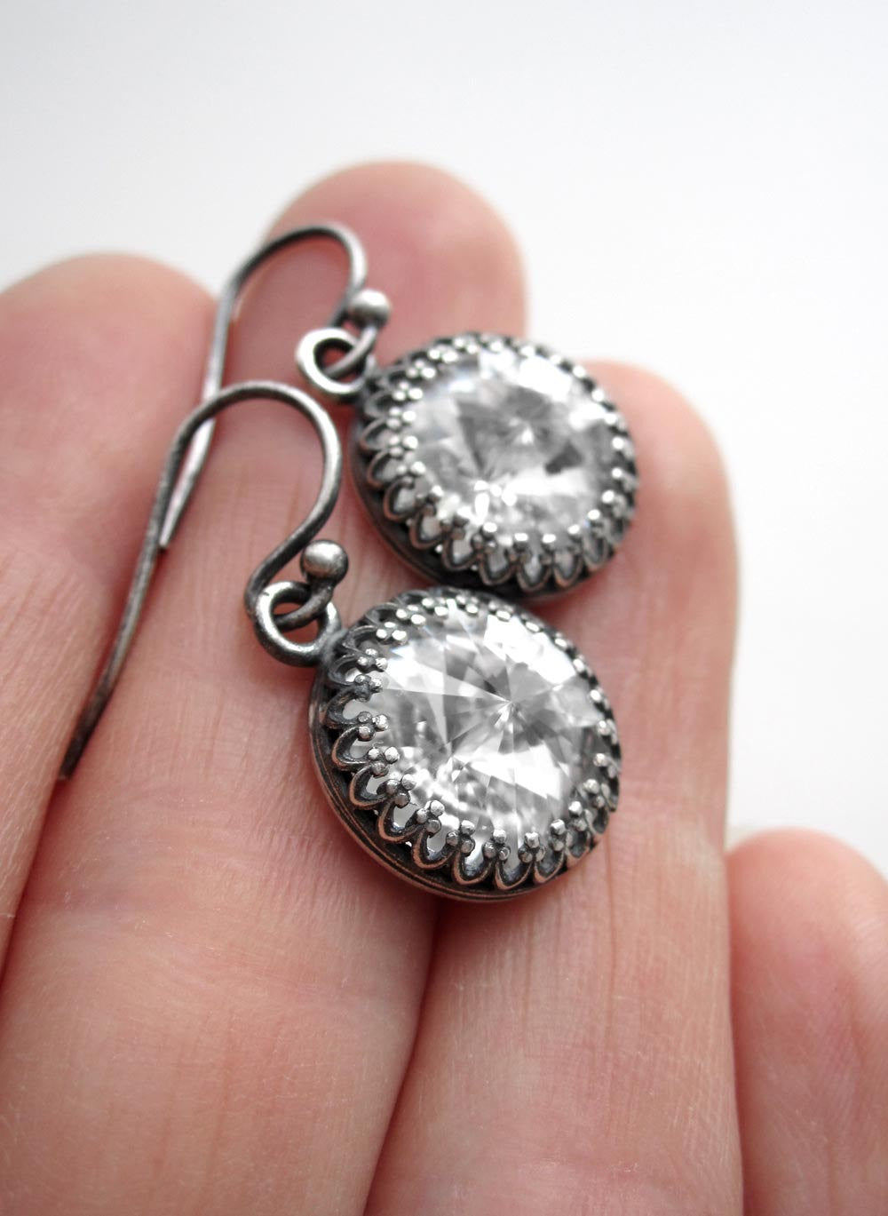 ROYAL - Clear Crystal Earrings with Antiqued Silver Crown Bezels