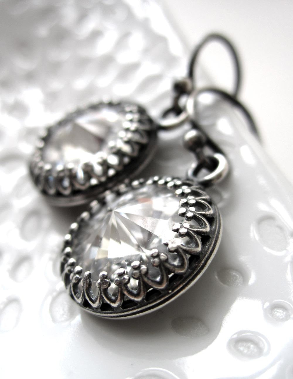 ROYAL - Clear Crystal Earrings with Antiqued Silver Crown Bezels