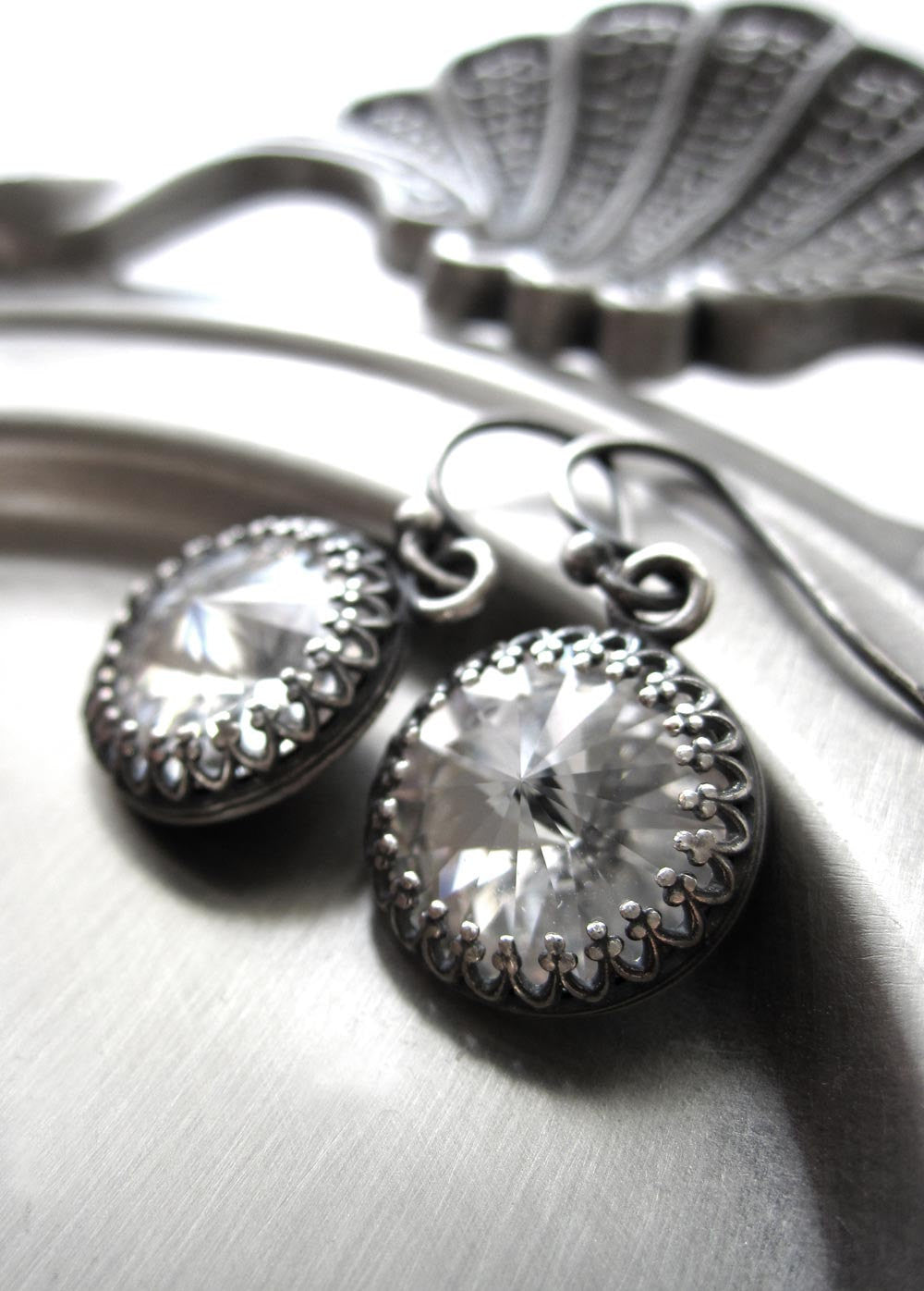 ROYAL - Clear Crystal Earrings with Antiqued Silver Crown Bezels