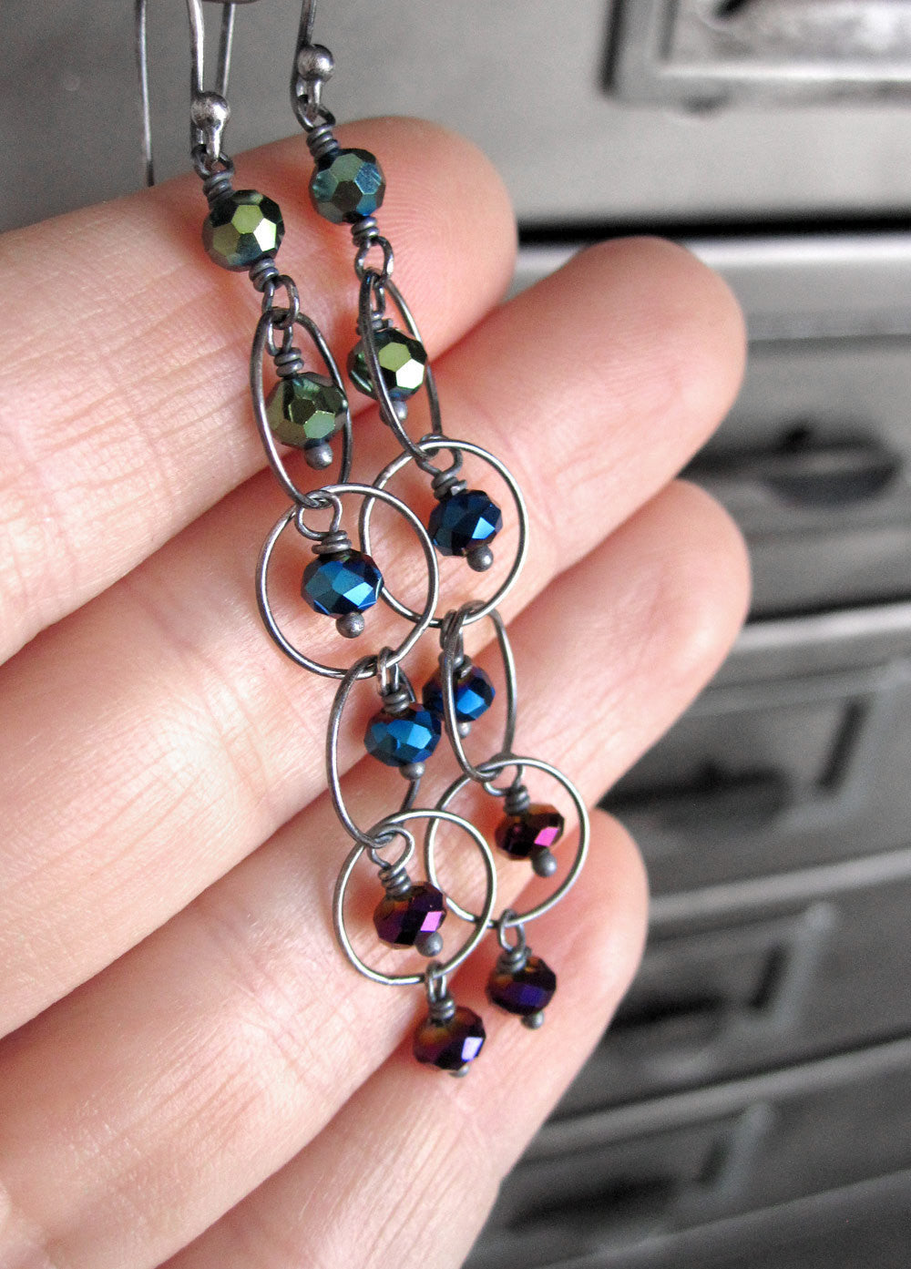 Long Ombre Earrings - Tiny Green, Blue & Purple Metallic Crystals