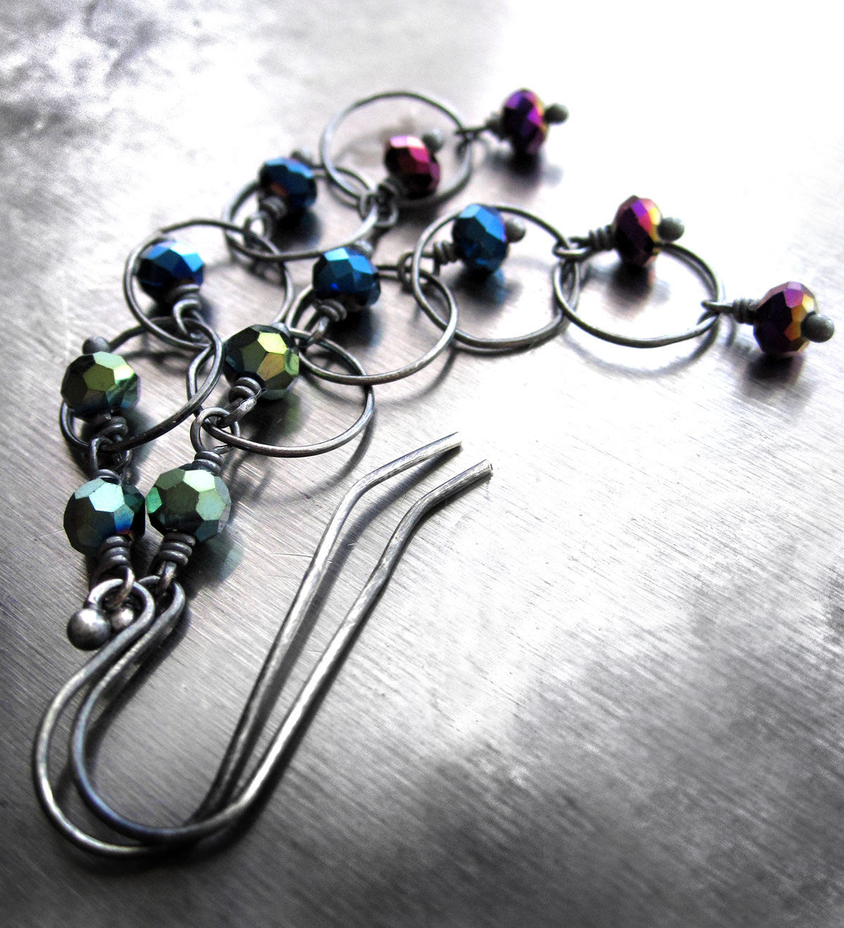 Long Ombre Earrings - Tiny Green, Blue & Purple Metallic Crystals
