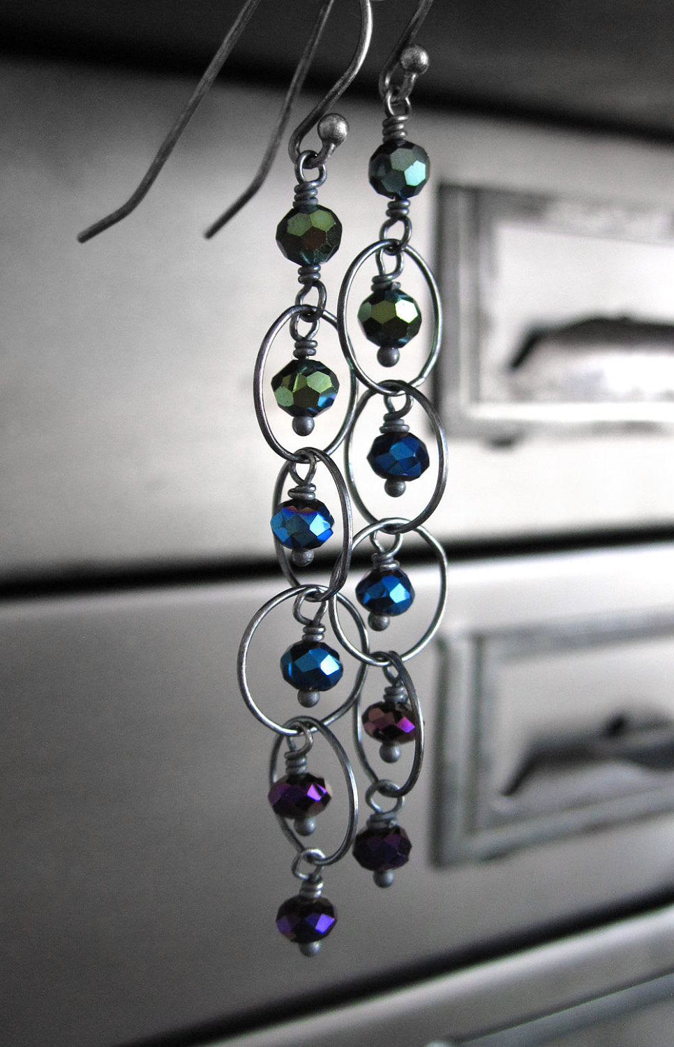 Long Ombre Earrings - Tiny Green, Blue & Purple Metallic Crystals