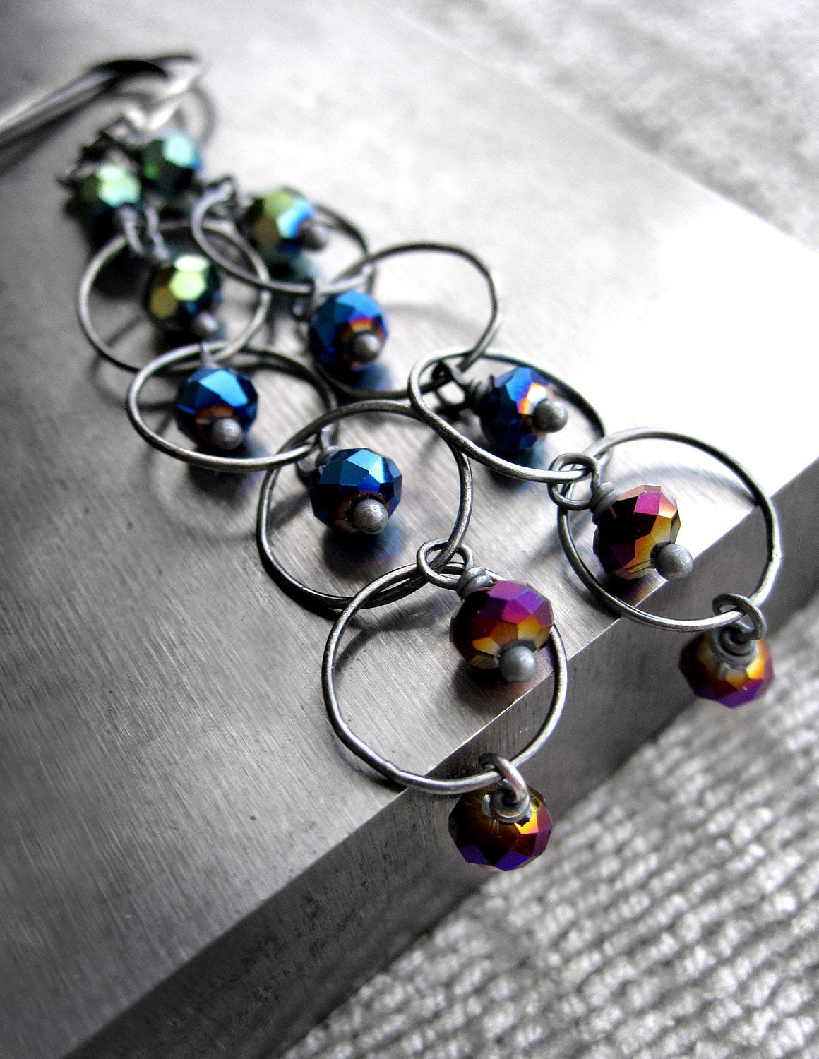 Long Ombre Earrings - Tiny Green, Blue & Purple Metallic Crystals