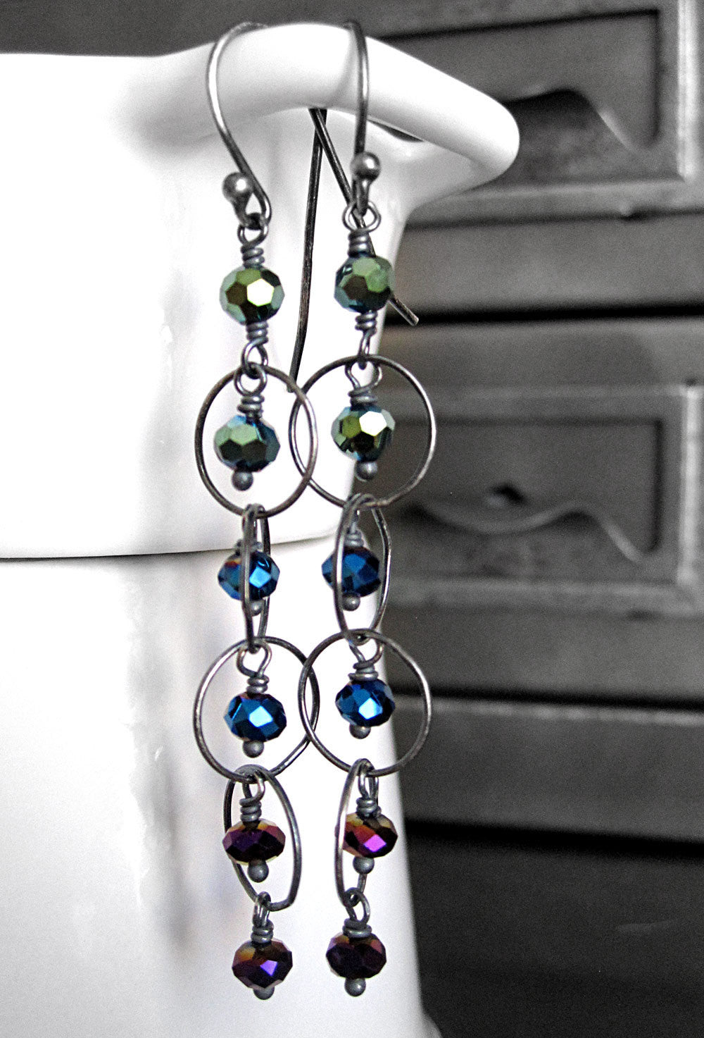 Long Ombre Earrings - Tiny Green, Blue & Purple Metallic Crystals