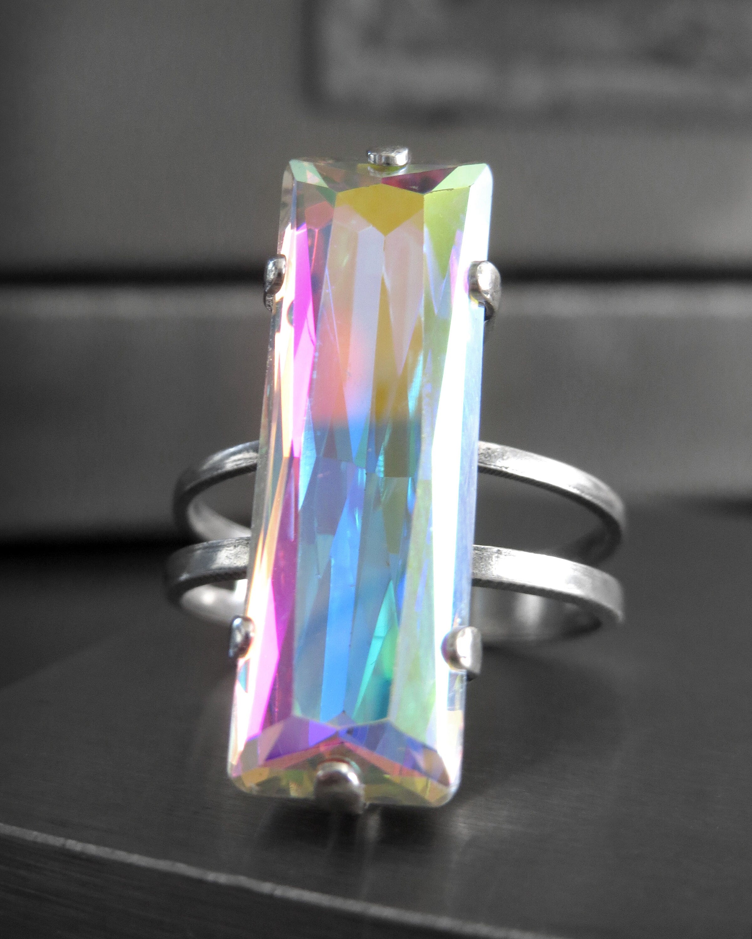 HEAVEN - Baguette Crystal Ring w Mystical Multicolor Crystal AB - Shimmer Flashy Colors, Pastel Yellow, Pink, Purple, Blue - Adjustable Band