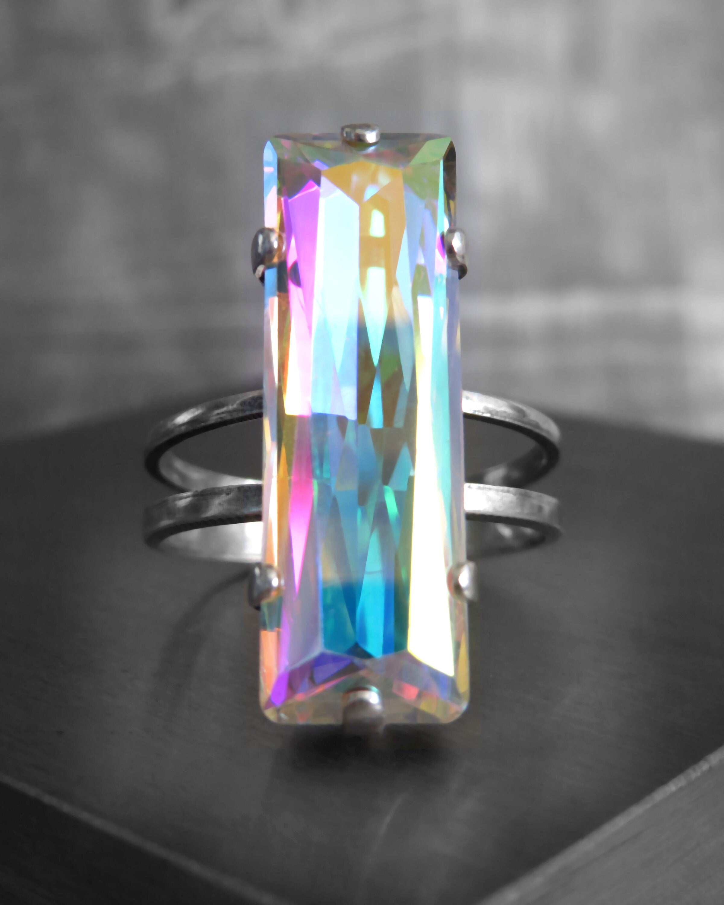 HEAVEN - Baguette Crystal Ring w Mystical Multicolor Crystal AB - Shimmer Flashy Colors, Pastel Yellow, Pink, Purple, Blue - Adjustable Band