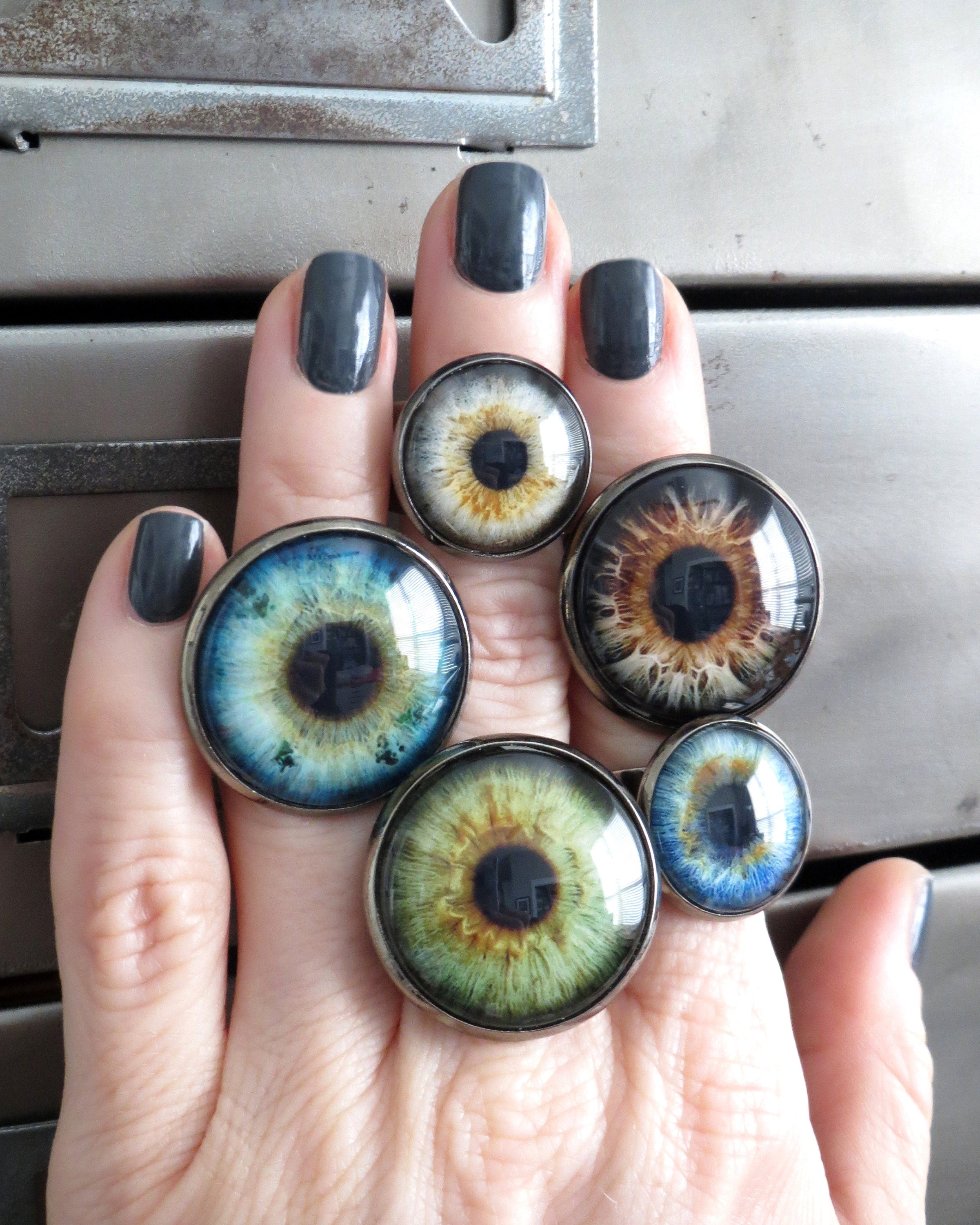 Large Grey Eyeball Ring - Photo-Realistic Eye Ball Ring, Gray Evil Eye Ring, Adjustable Black Ring Band - Goth Halloween Gift for Teen