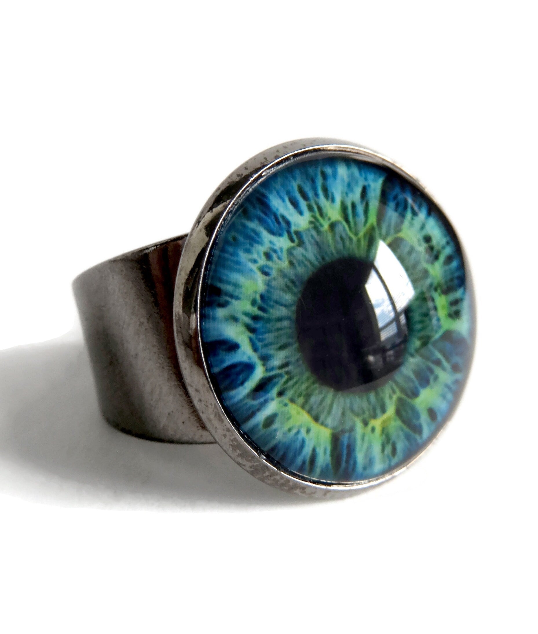 Blue-Green Eyeball Ring- 2 Sizes - Photo-Realistic Eye Ball Ring, Evil Eye Ring, Adjustable Black Ring Band - Goth Halloween Gift for Teen