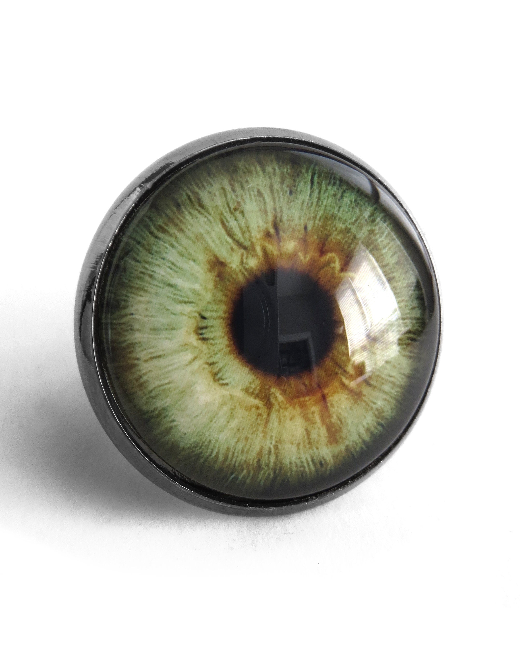 Army Green Eyeball Ring w Brown Flecks - Realistic Eye Ball Ring, Evil Eye Ring, Adjustable Black Ring Band - Goth Halloween Gift for Teen