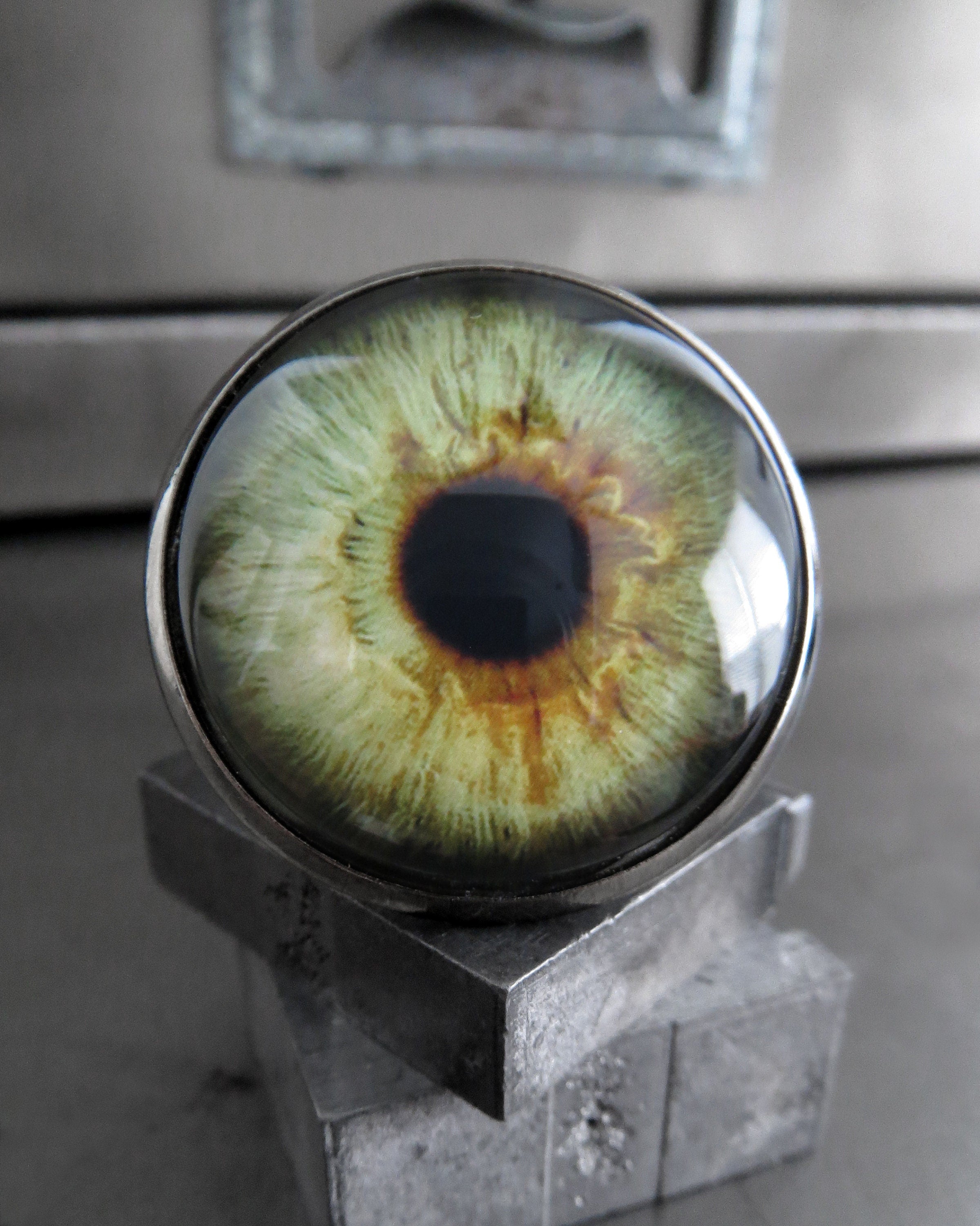 Army Green Eyeball Ring w Brown Flecks - Realistic Eye Ball Ring, Evil Eye Ring, Adjustable Black Ring Band - Goth Halloween Gift for Teen