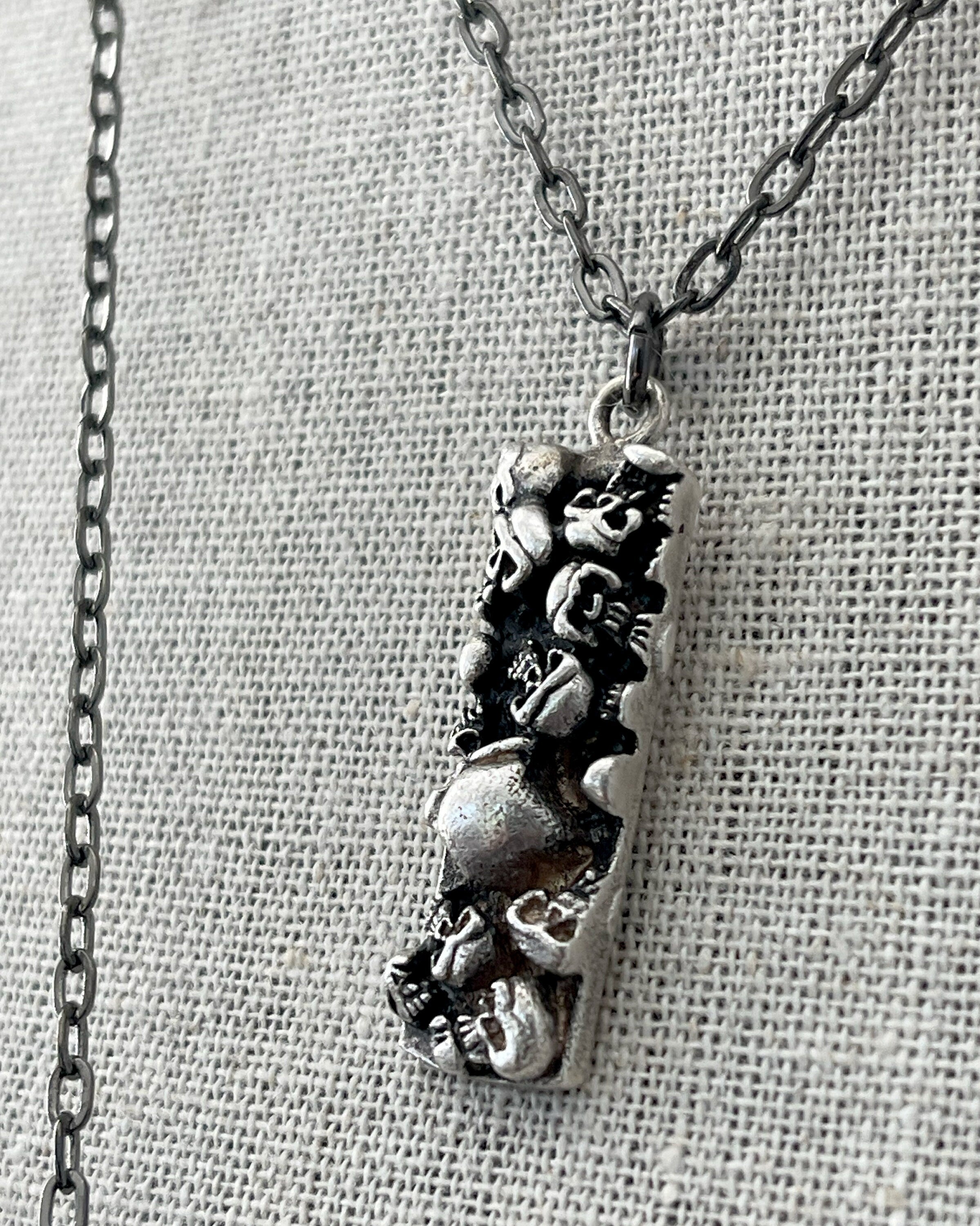 MACABRE: Skull Pendant Necklace on Gunmetal Black Chain, Antiqued Silver Skull Necklace, Unisex Halloween Jewelry, Halloween Necklace